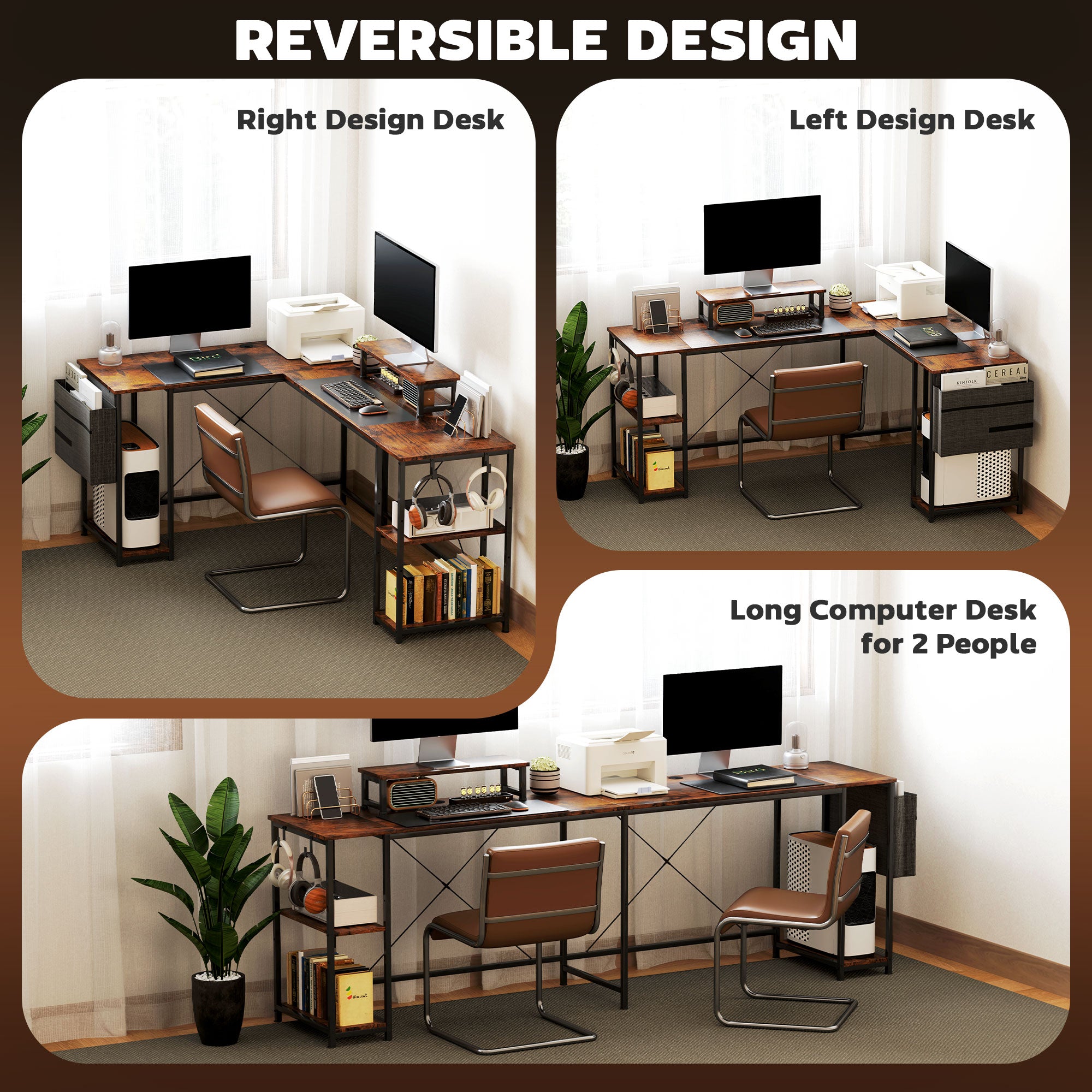 HOMCOM 168cm Reversible L Shaped Desk, Industrial Corner Computer Desk with Adjustable Shelf and Storage Bag, 240cm 2 Person Desk with Monitor Stand, Rustic Brown - North Peak Garden Furniture
