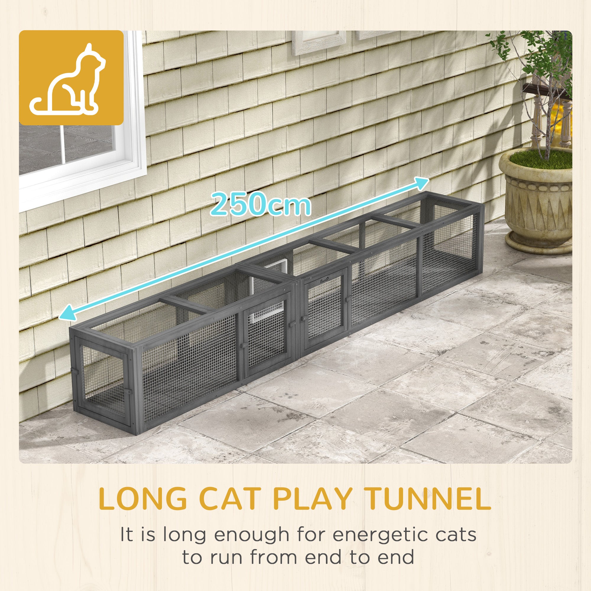 PawHut Cat Tunnel, 250cm Extra Long Wooden Cat Play Tunnel with 8 Doors, L-shape/Rectangle, Outdoor Cat Enclosures, Dark Grey