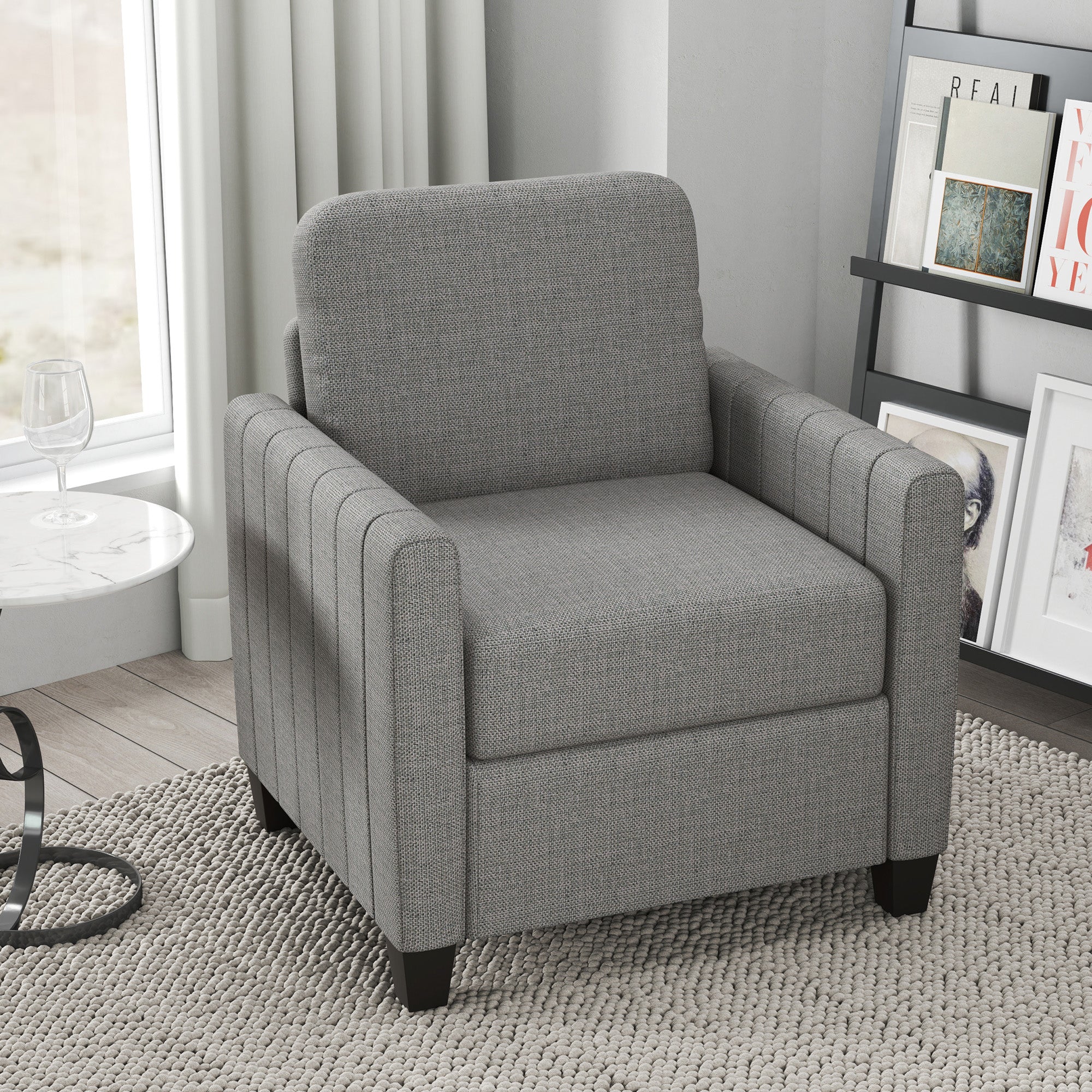 HOMCOM Modern Boxy Linen-Look Armchair - Light Grey - North Peak Garden Furniture
