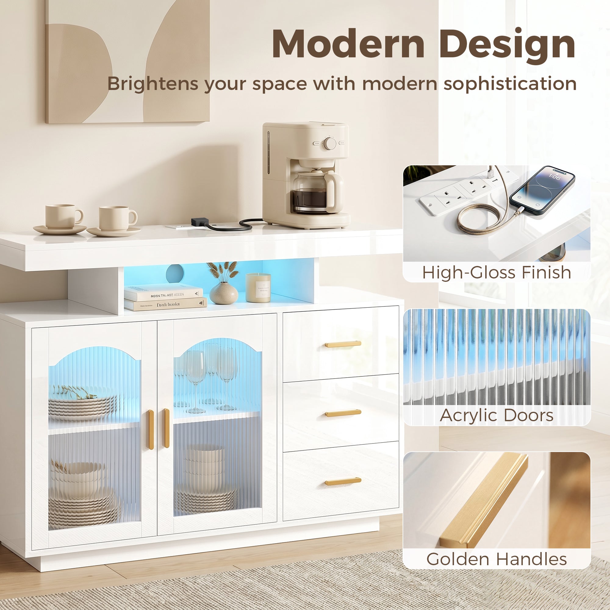 HOMCOM High Gloss Sideboard with LED Lights, Built-in Power Outlets, 3 Drawers, Shelves and 2 Acrylic Doors, White