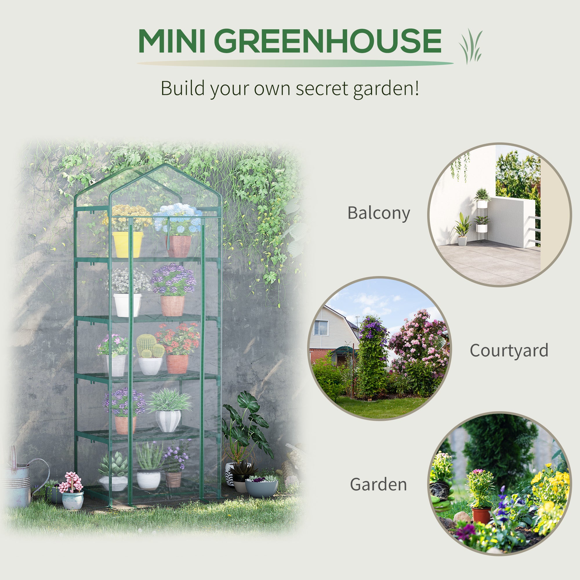 Outsunny 5 Tier Mini Greenhouse Outdoor Flower Stand Green House PVC Cover Portable Shed Metal Frame Transparent 69 x 49 x 193cm