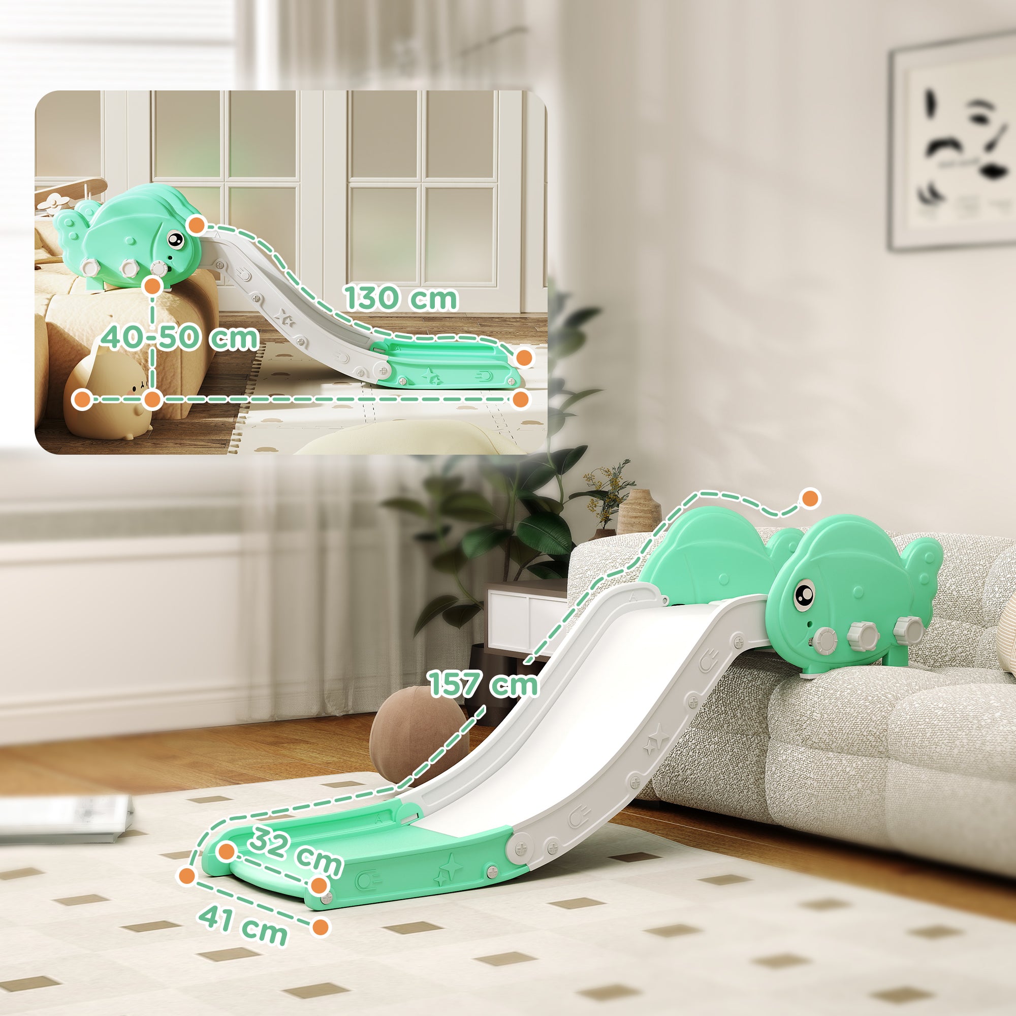 AIYAPLAY Kids Sofa Slide with 130cm Extended Length, HDPE Toddler Slide for Sofa, Bed, Stairs, Easy Assemble & Storage, Green - North Peak Garden Furniture
