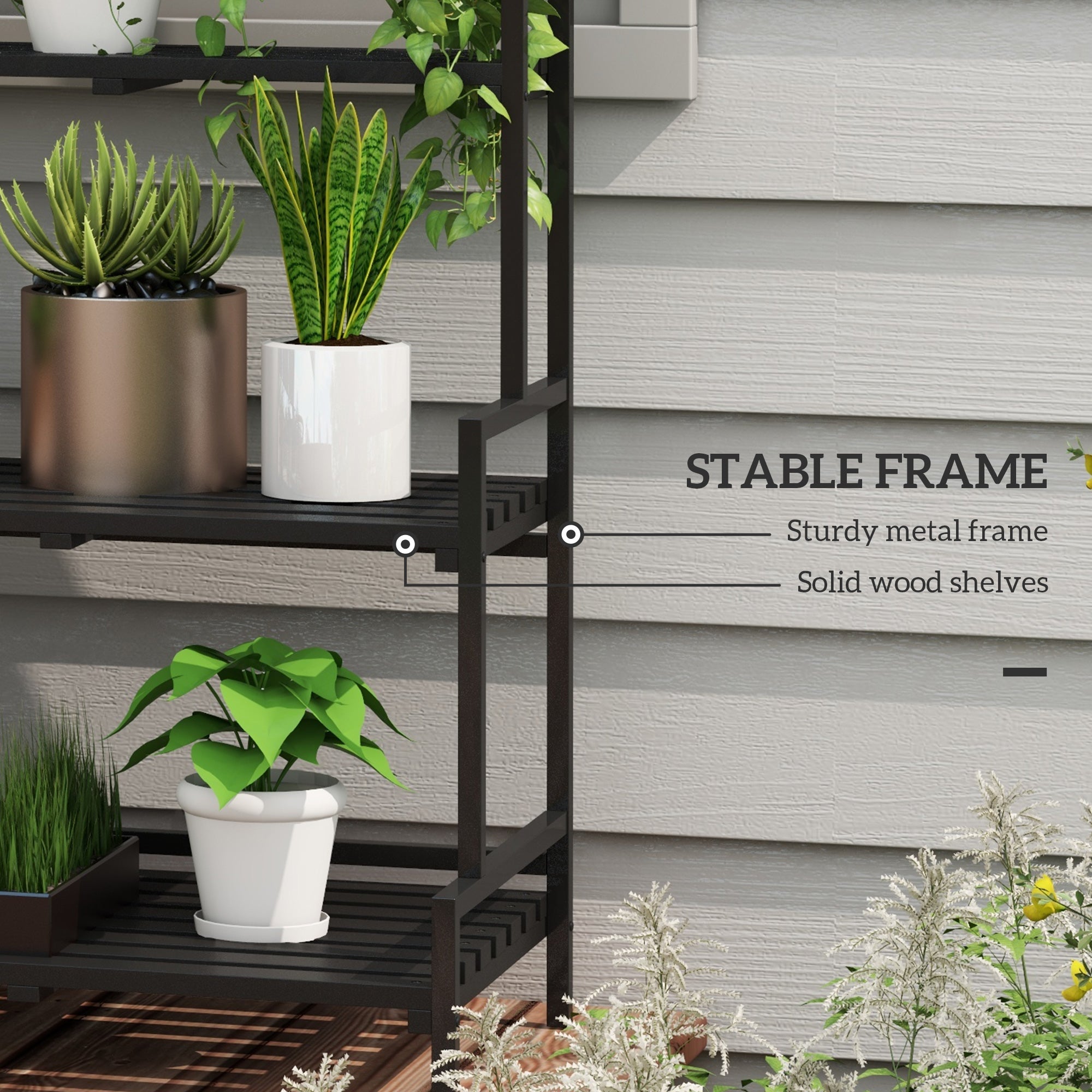 Outsunny 3 Tiered Plant Rack with Hanging Hooks, Tall Plant Stand for Indoor Outdoor Porch Balcony Use, Black - North Peak Garden Furniture