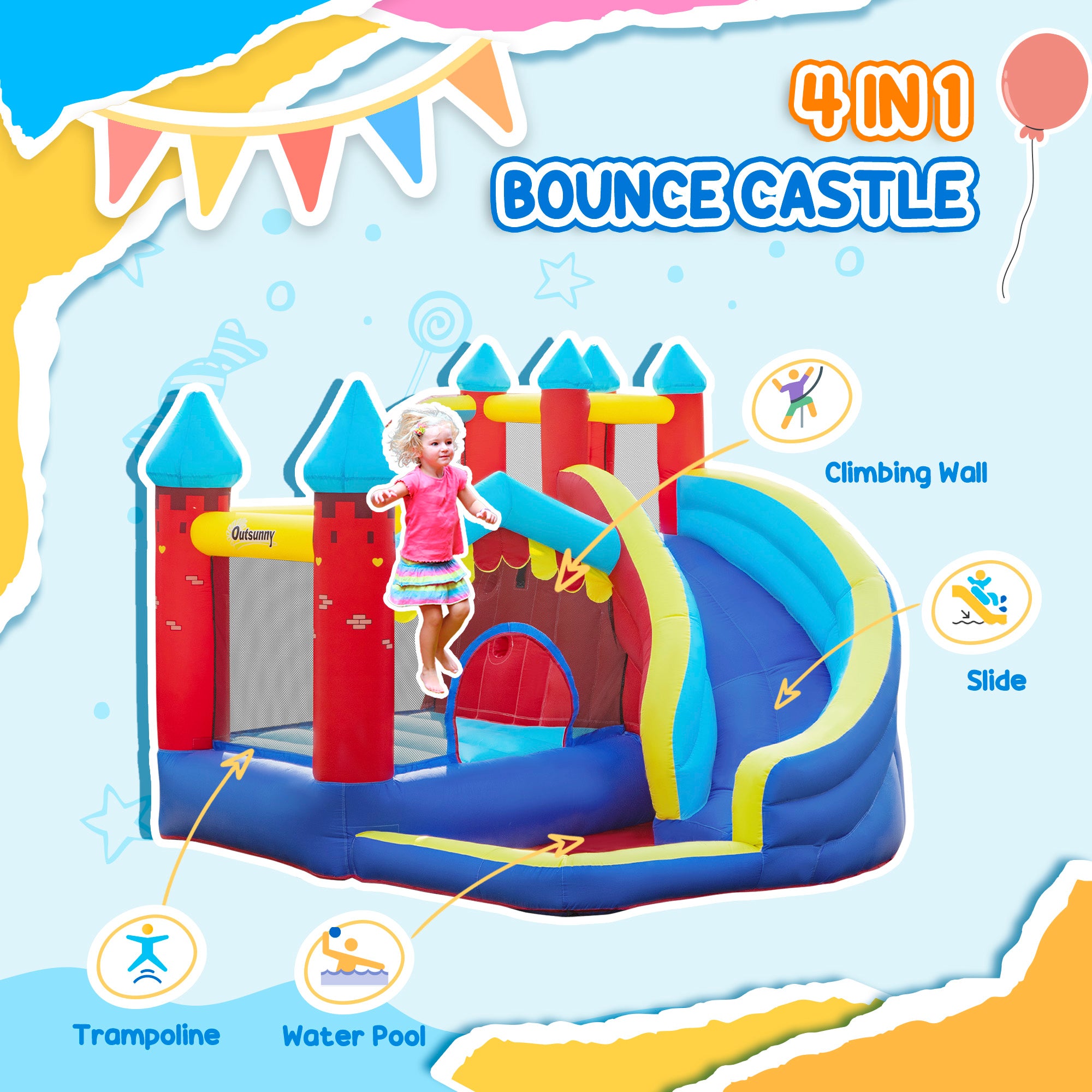 Outsunny Kids Bouncy Castle, with Slide, Pool, Trampoline, Climbing Wall, Blower