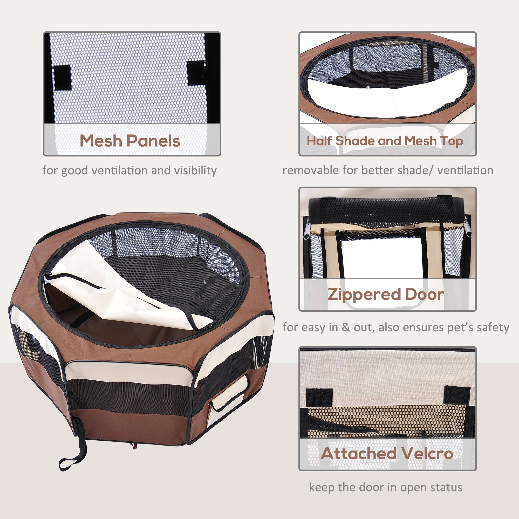 PawHut Portable Cat Dog Playpen Pet Puppy Rabbit Guinea Pig Pen Run Dia 90 x 41H cm Indoor & Outdoor Brown - North Peak Garden Furniture