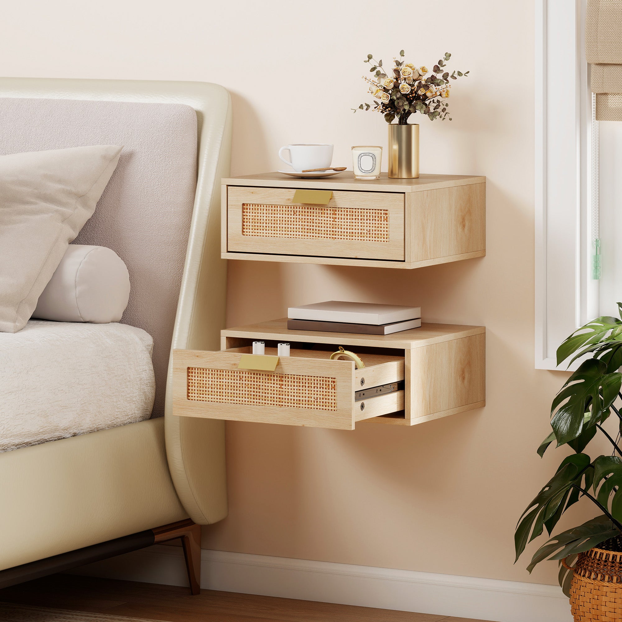 HOMCOM Floating Bedside Tables Set of 2, Wall Mounted Bedside Cabinets with Rattan Drawer and Wood Effect, Oak