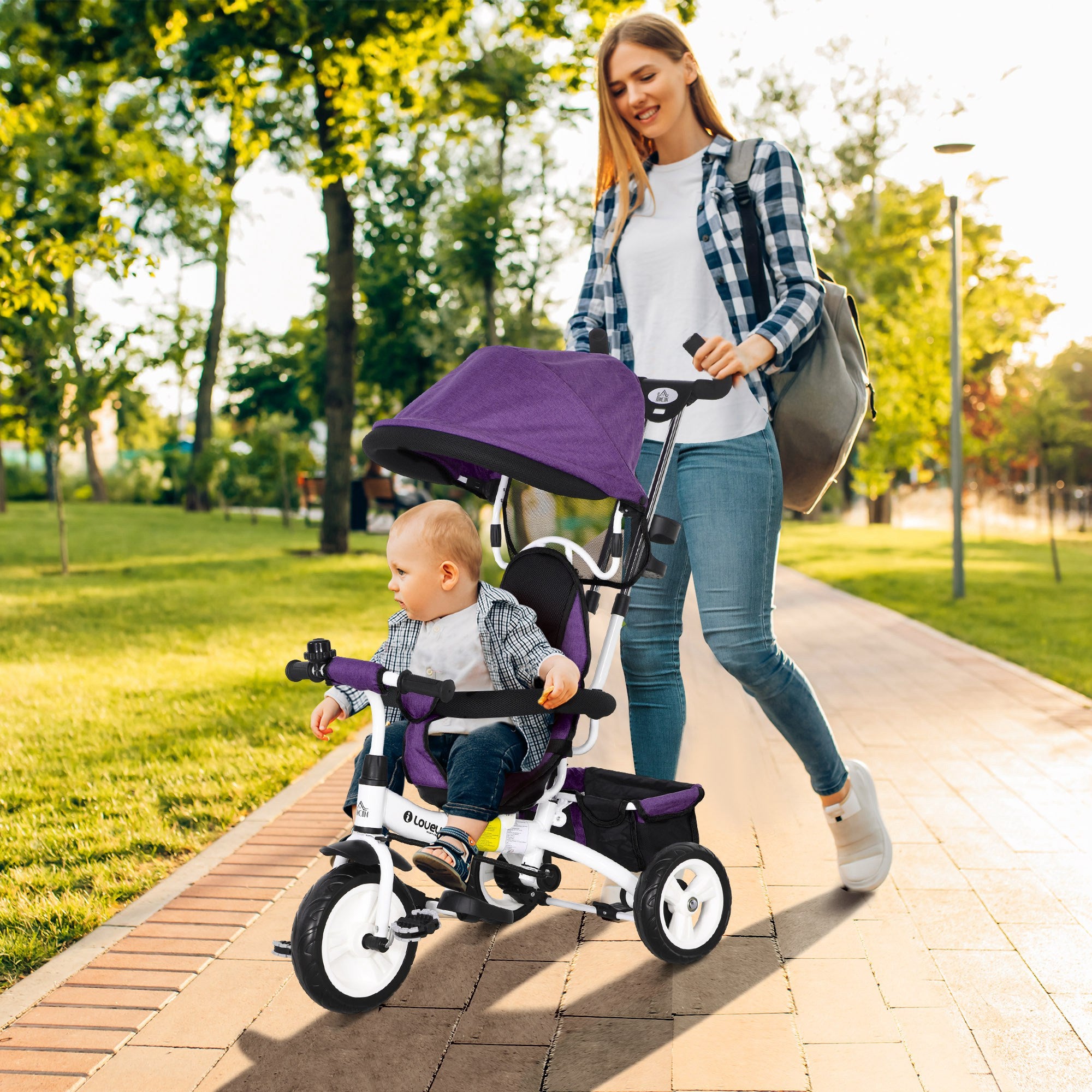 HOMCOM 6 in 1 Kids Trike Push Bike w/ Push Handle, Canopy, 5-point Safety Belt, Storage, Footrest, Brake, for 1-5 Years, Purple - North Peak Garden Furniture