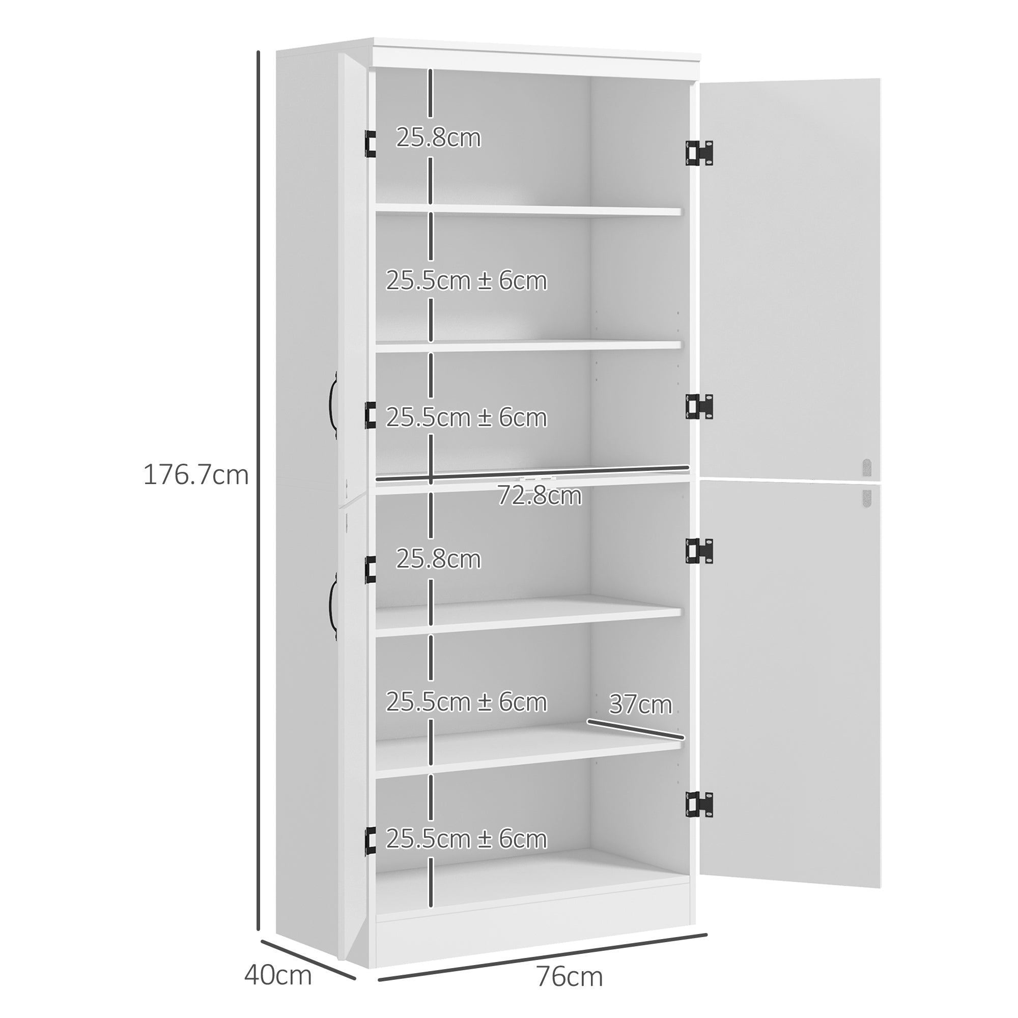 HOMCOM 4-Door Tall Kitchen Cupboard, Freestanding 6-Tier Storage Cabinet with 2 Adjustable Shelves for Living Room, Dining Room, White