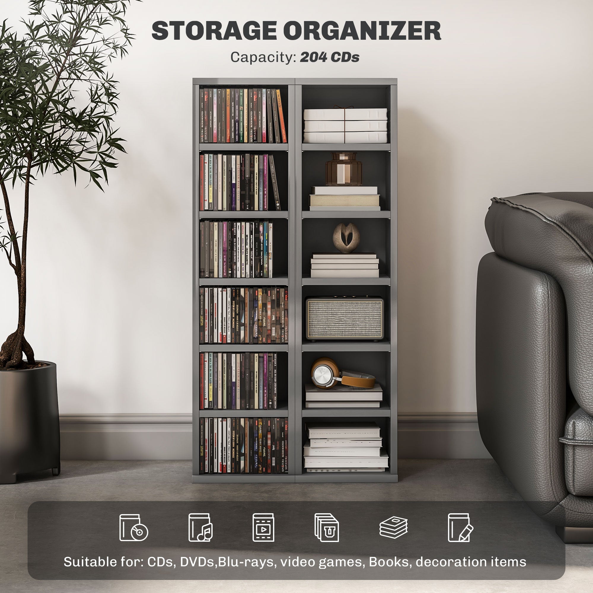 HOMCOM Set of Two 102 CD Storage Units - High Gloss Grey - North Peak Garden Furniture