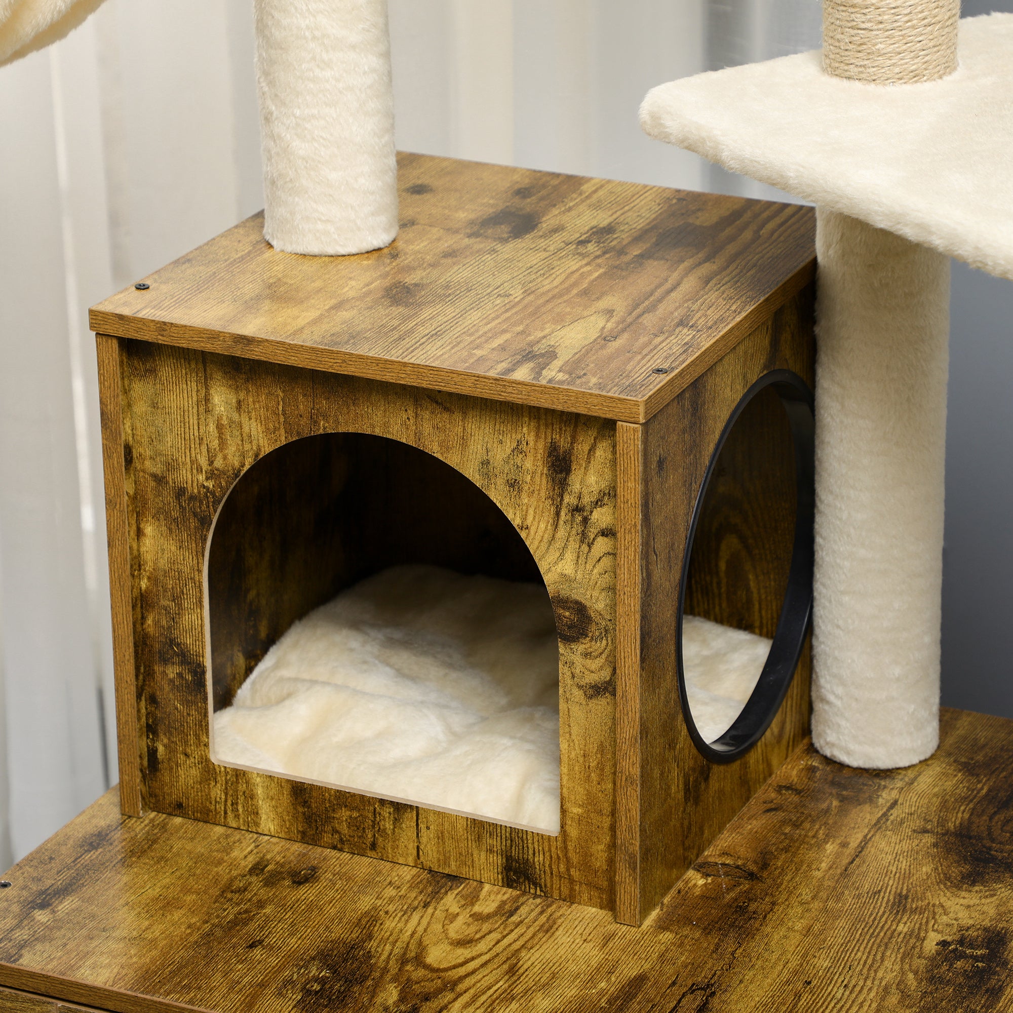 PawHut Cat Litter Box Enclosure, with Tree Tower, Cat House, Hammock, Cushion - Rustic Brown - North Peak Garden Furniture