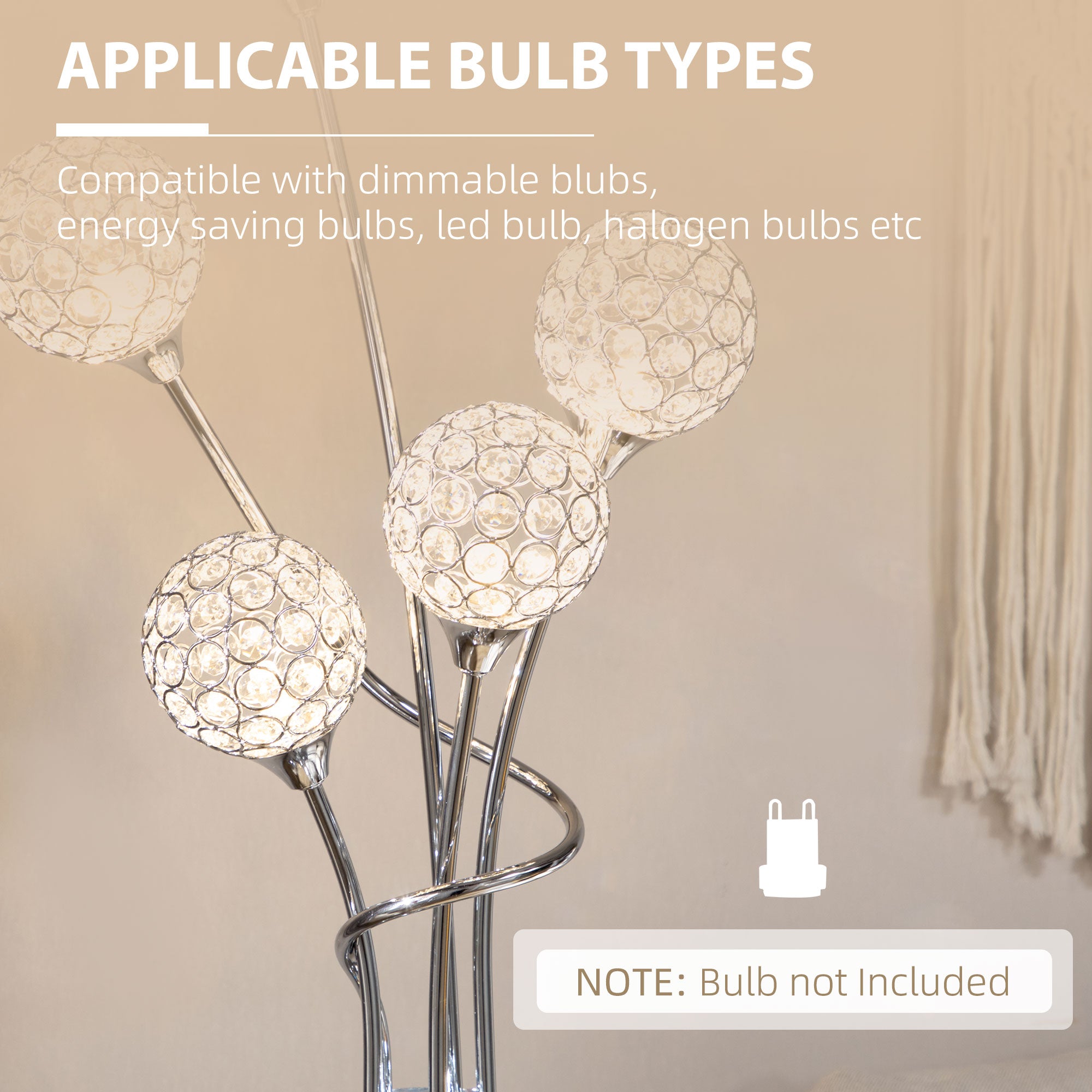 HOMCOM Crystal Floor Lamps for Living Room Bedroom with 5 Light, Modern Upright Standing Lamp, 34x25x156cm, Silver - North Peak Garden Furniture