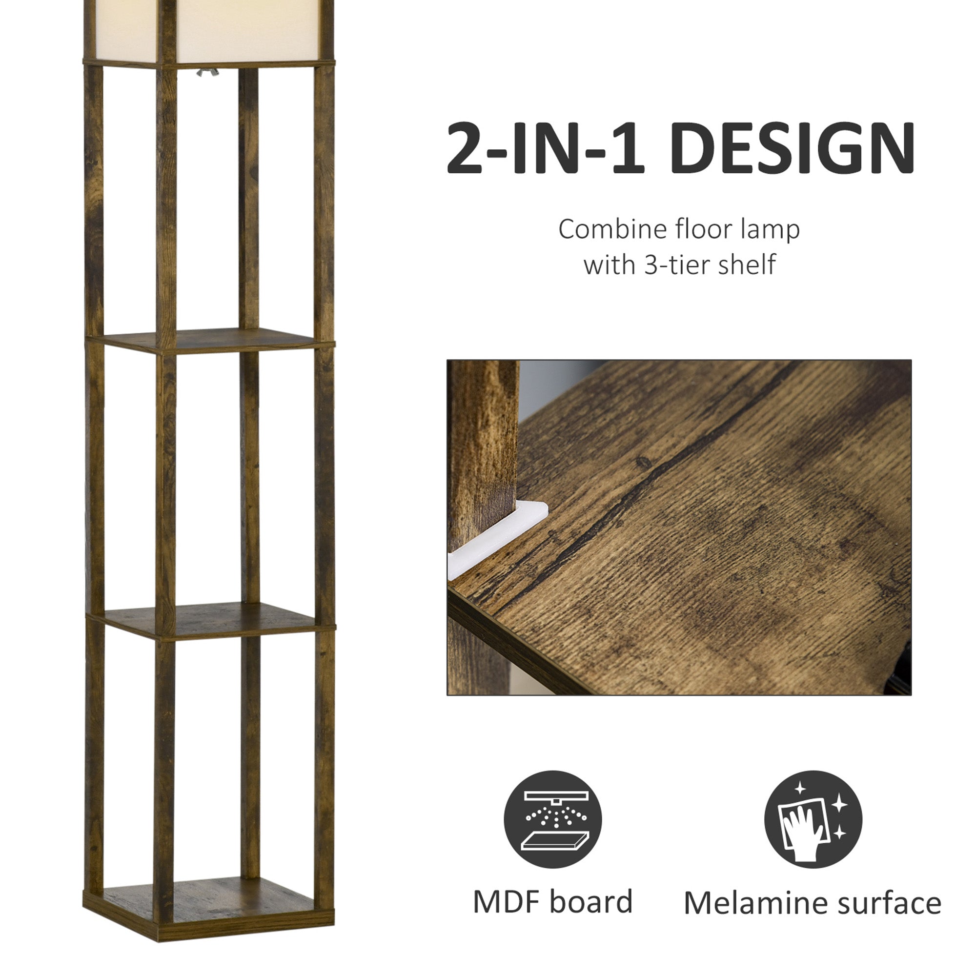 HOMCOM 3-Tier Floor Lamp, Floor Light with Storage Shelf, Reading Standing Lamp for Living Room, Bedroom, Kitchen, Dining Room, Office, Dorm, 160cm, Brown - North Peak Garden Furniture