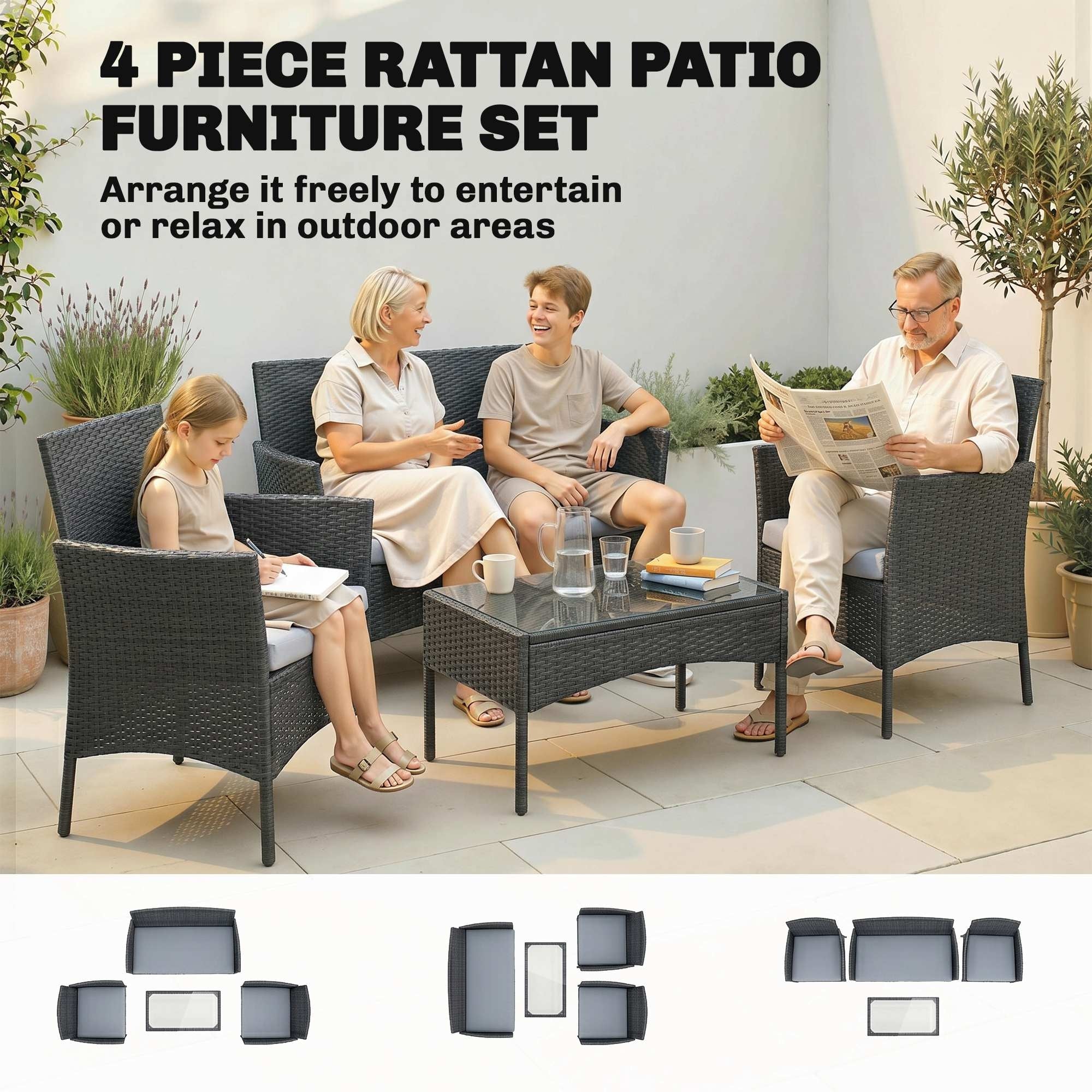 Outsunny 4 Piece Rattan Garden Furniture Sofa Set with Loveseat, Armchairs, Glass-Top Coffee Table and Cushions, Black