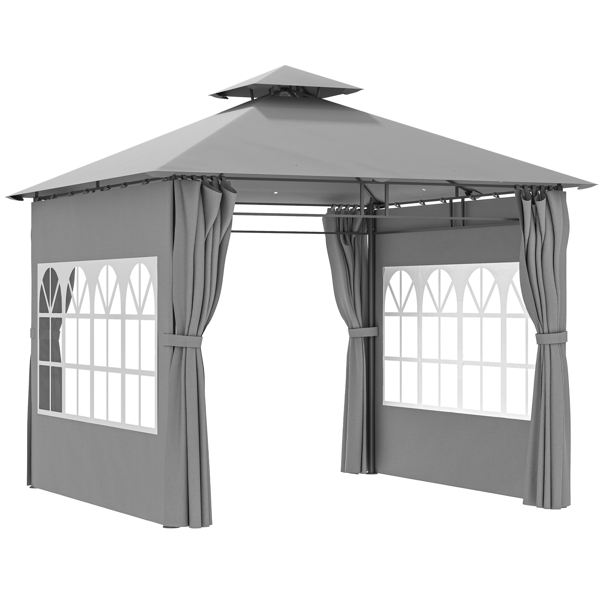Outsunny 3 x 3 m Garden Gazebo, Double Roof Metal Gazebo with Removable Sidewalls and Church Windows, Outdoor Canopy Shelter, Light Grey - North Peak Garden Furniture