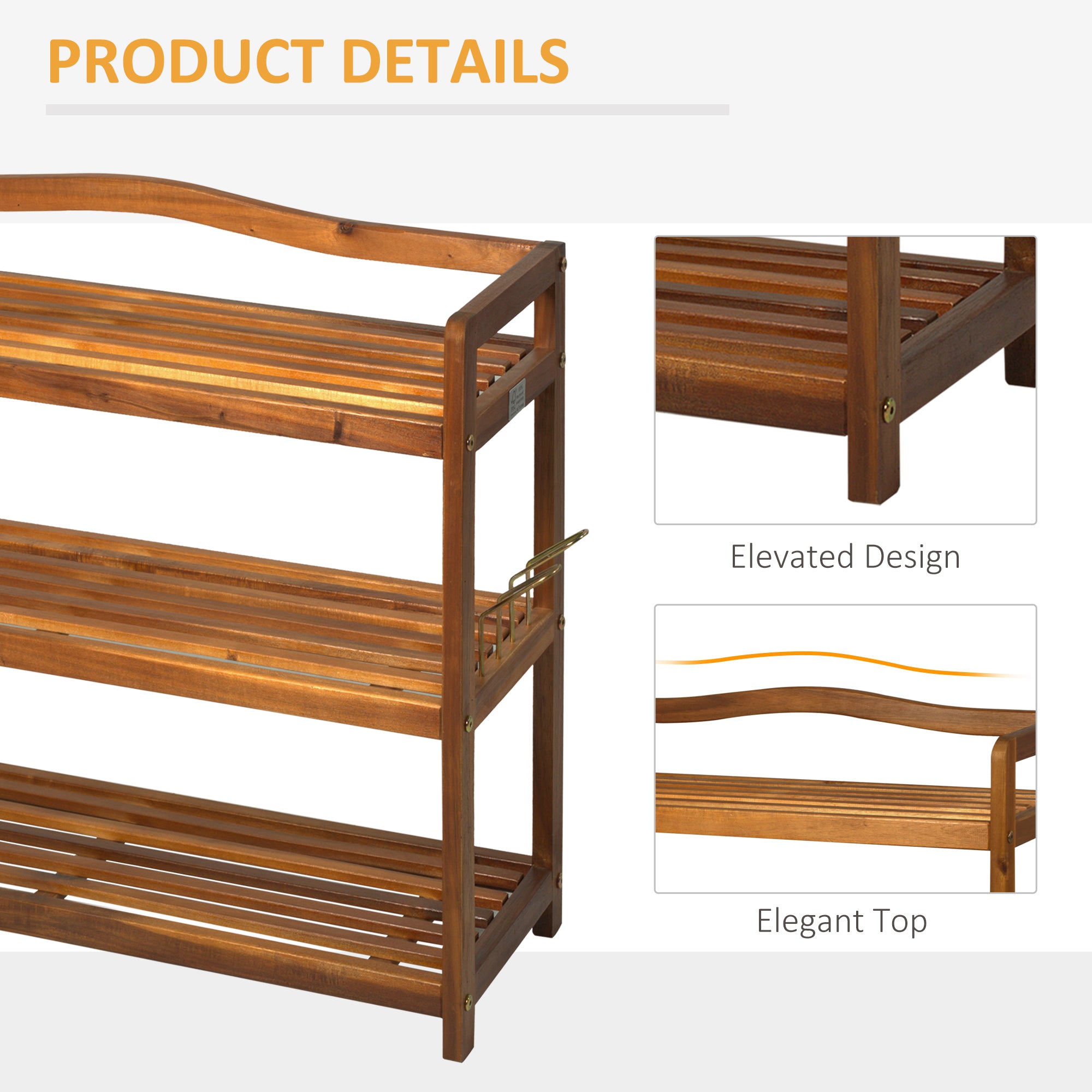 HOMCOM 3-Tier Shoe Rack, Acacia Wooden Shoe Storage Organiser with 2 Hangers, Holds up to 12 Pairs, for Entryway, Living Room, 74 x 26 x 62 cm, Teak - North Peak Garden Furniture