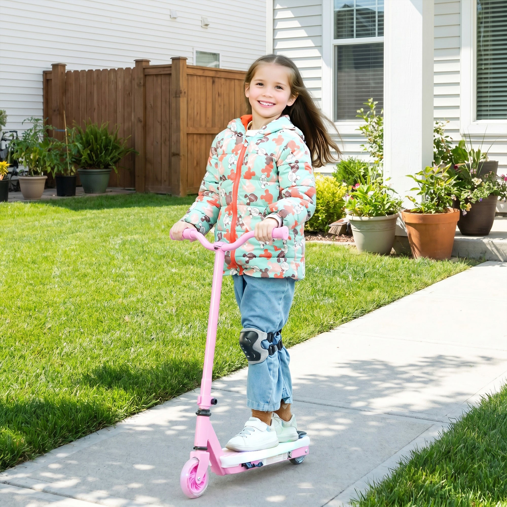 AIYAPLAY Electric Scooter for Kids Ages 4-7, with Auxiliary Rear Wheels, Flashing LED Light and Electric Brake, Kids Electric Scooter for Boys Girls, 6 KM/H & 8 KM, Pink