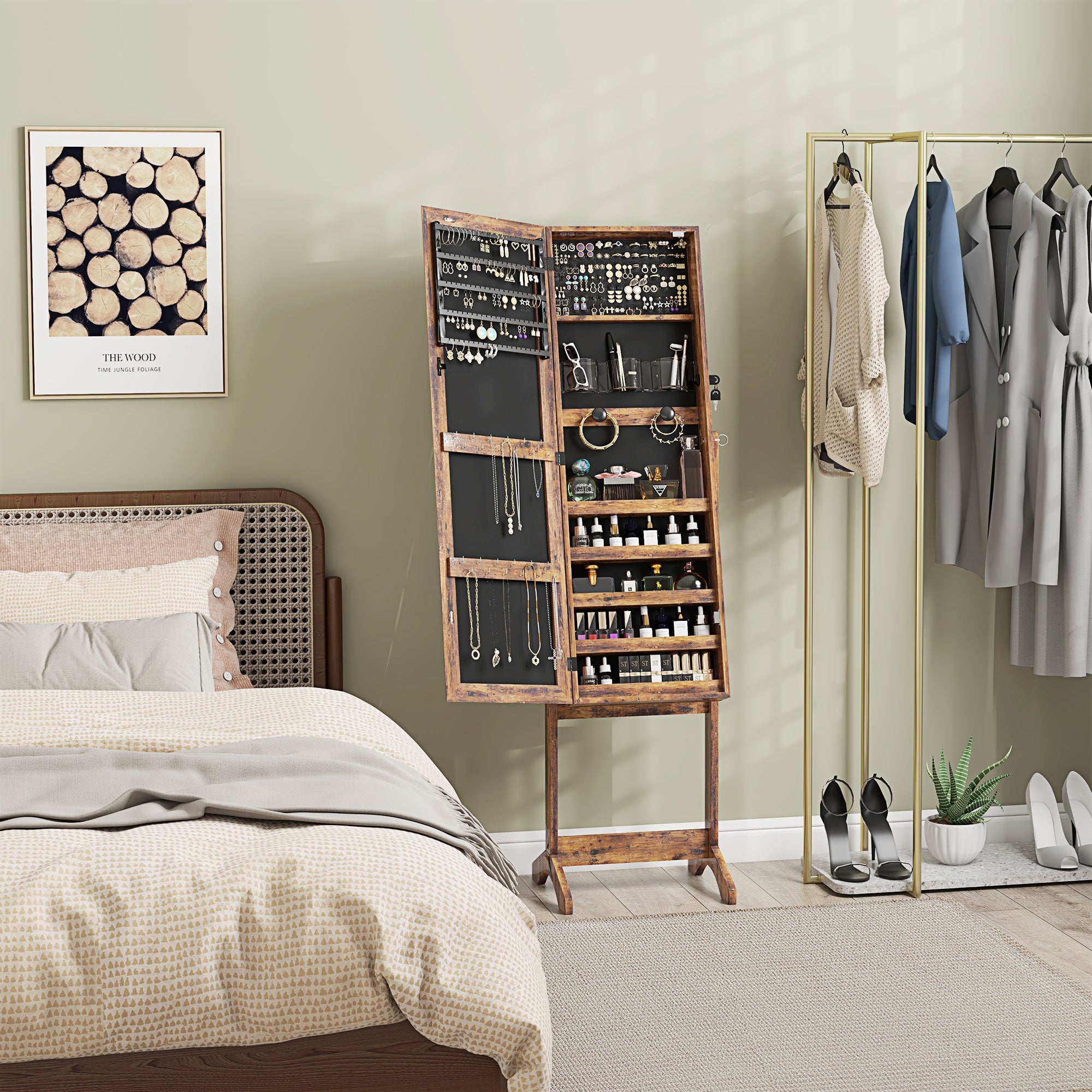 HOMCOM Jewellery Cabinet with LED Light, Lockable Jewellery Organiser with Full-Length Mirror for Bedroom Dressing Room, Rustic Brown - North Peak Garden Furniture
