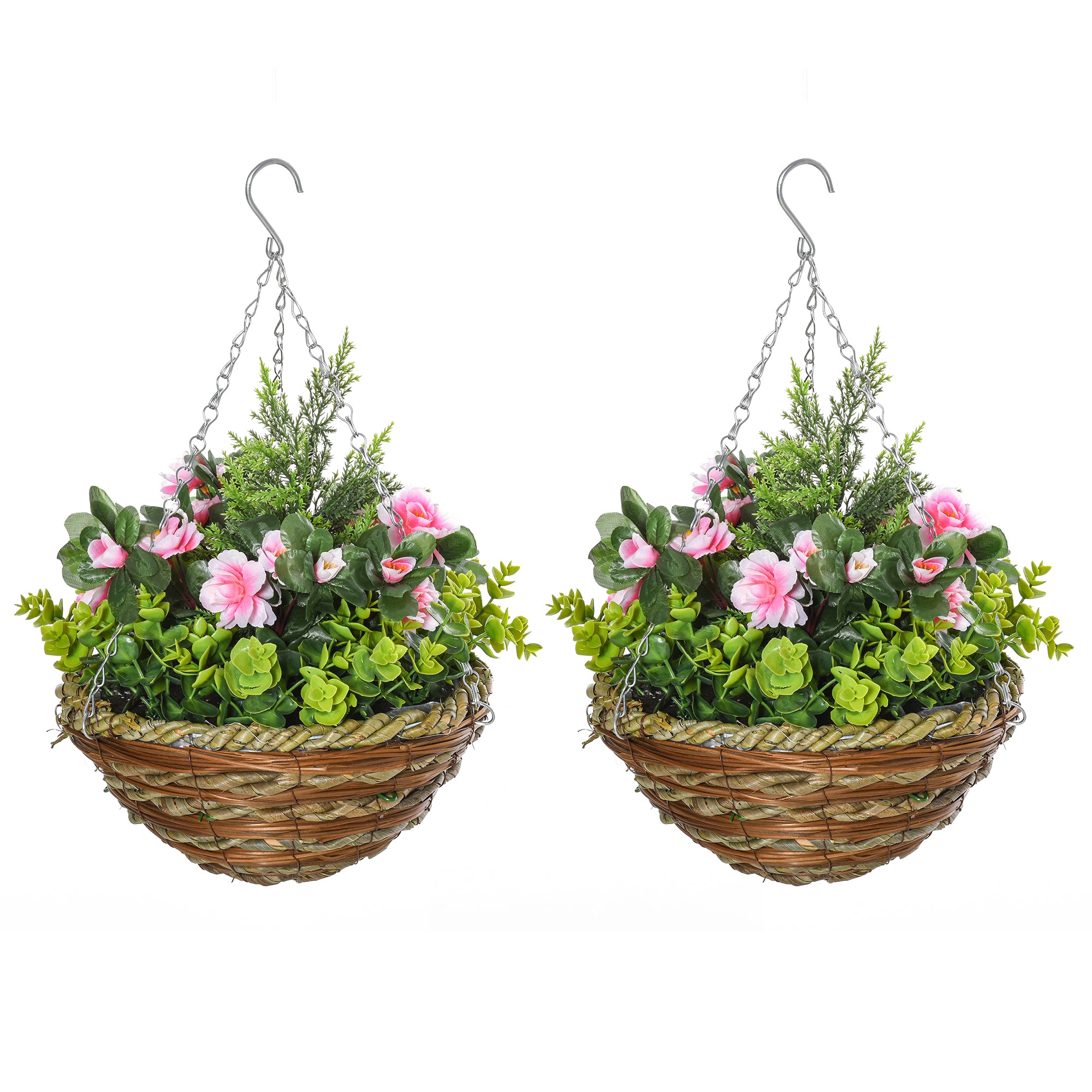 Outsunny Pack of 2 Faux Plant Artificial Lisianthus Flowers Hanging Planter with Basket for Indoor Outdoor Decoration, Pink - North Peak Garden Furniture