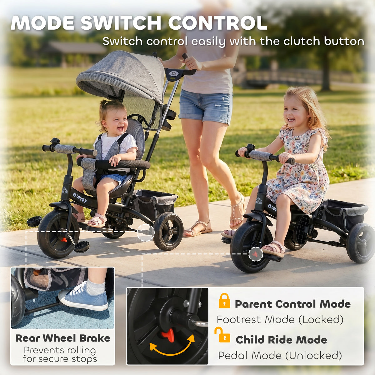 HOMCOM 6 in 1 Kids Trike Push Bike w/ Push Handle, Canopy, 5-point Safety Belt, Storage, Footrest, Brake, for 1-5 Years, Grey