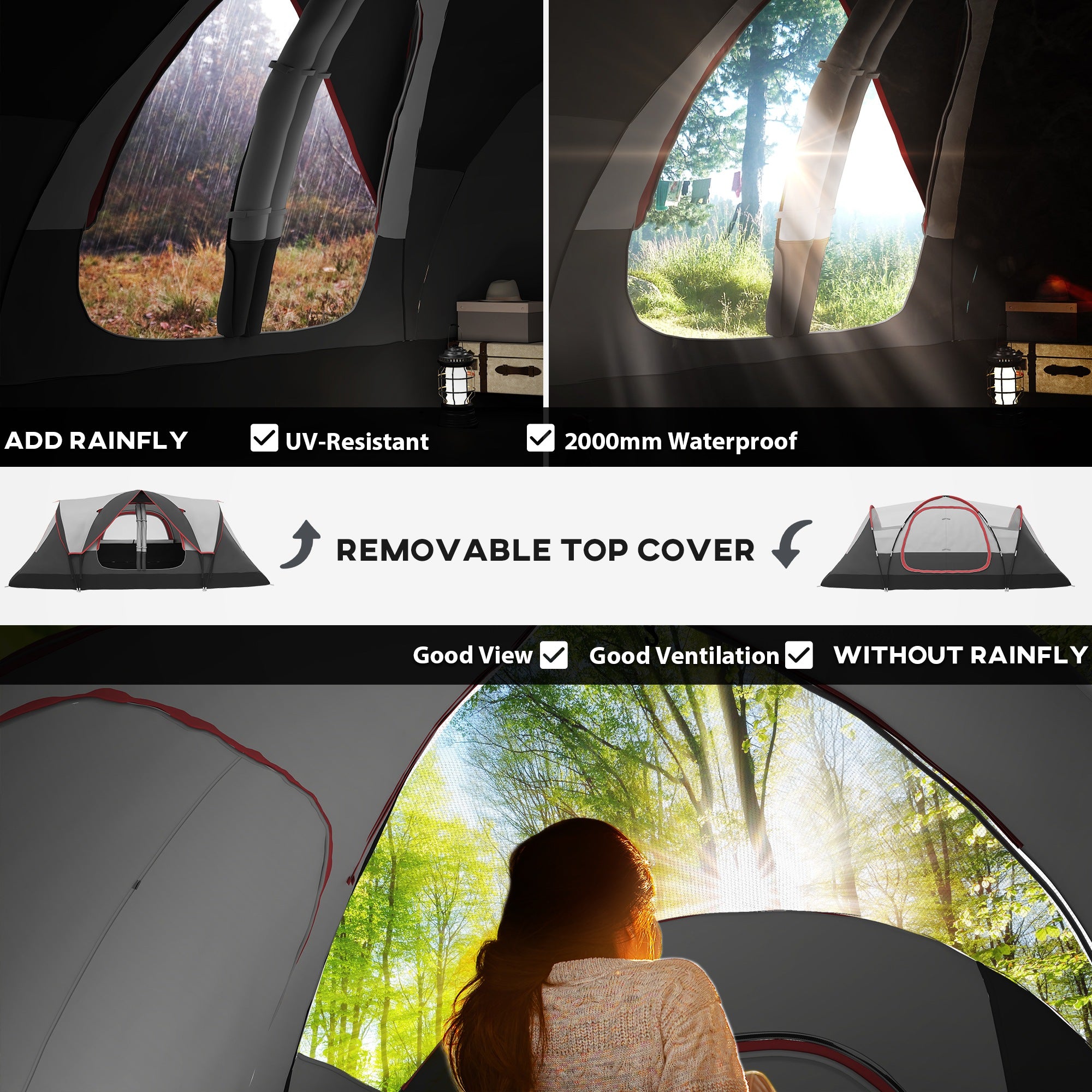 Outsunny Camping Tent for 6-8 Man with 2000mm Waterproof Rainfly and Carry Bag for Fishing Hiking Festival, Grey