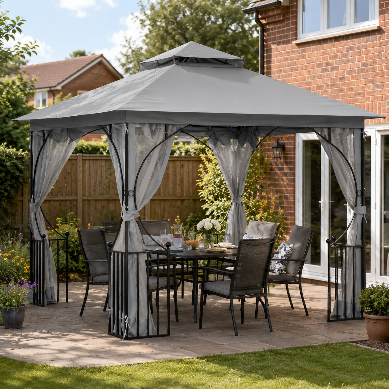 Outsunny 3 x 3(m) Garden Gazebo Patio Party Tent Shelter Outdoor Canopy Double Tier Sun Shade Metal Frame Netting Light Grey