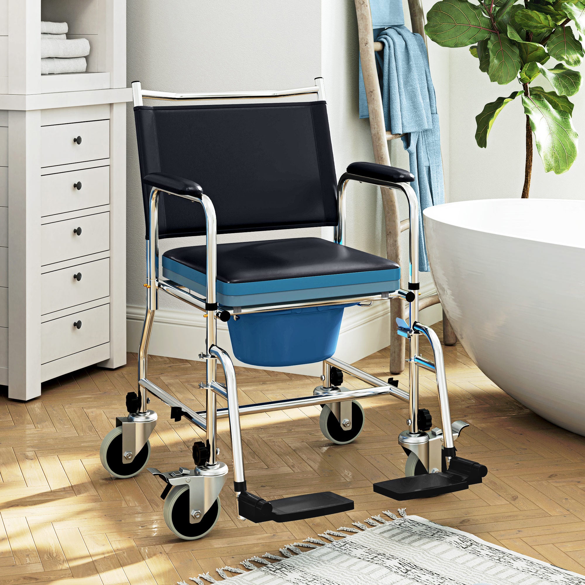 HOMCOM 3-In-1 Commode Wheelchair - Black - North Peak Garden Furniture