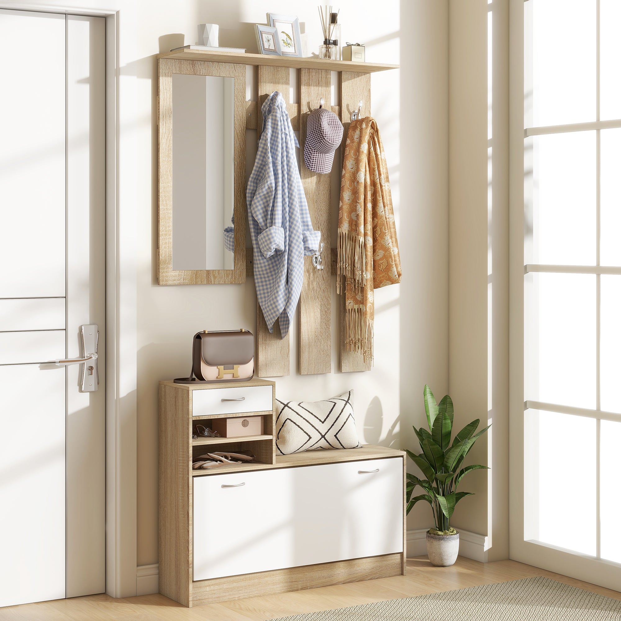 HOMCOM Three-in-One Hallway Storage Set - Natural Wood Finish/White - North Peak Garden Furniture