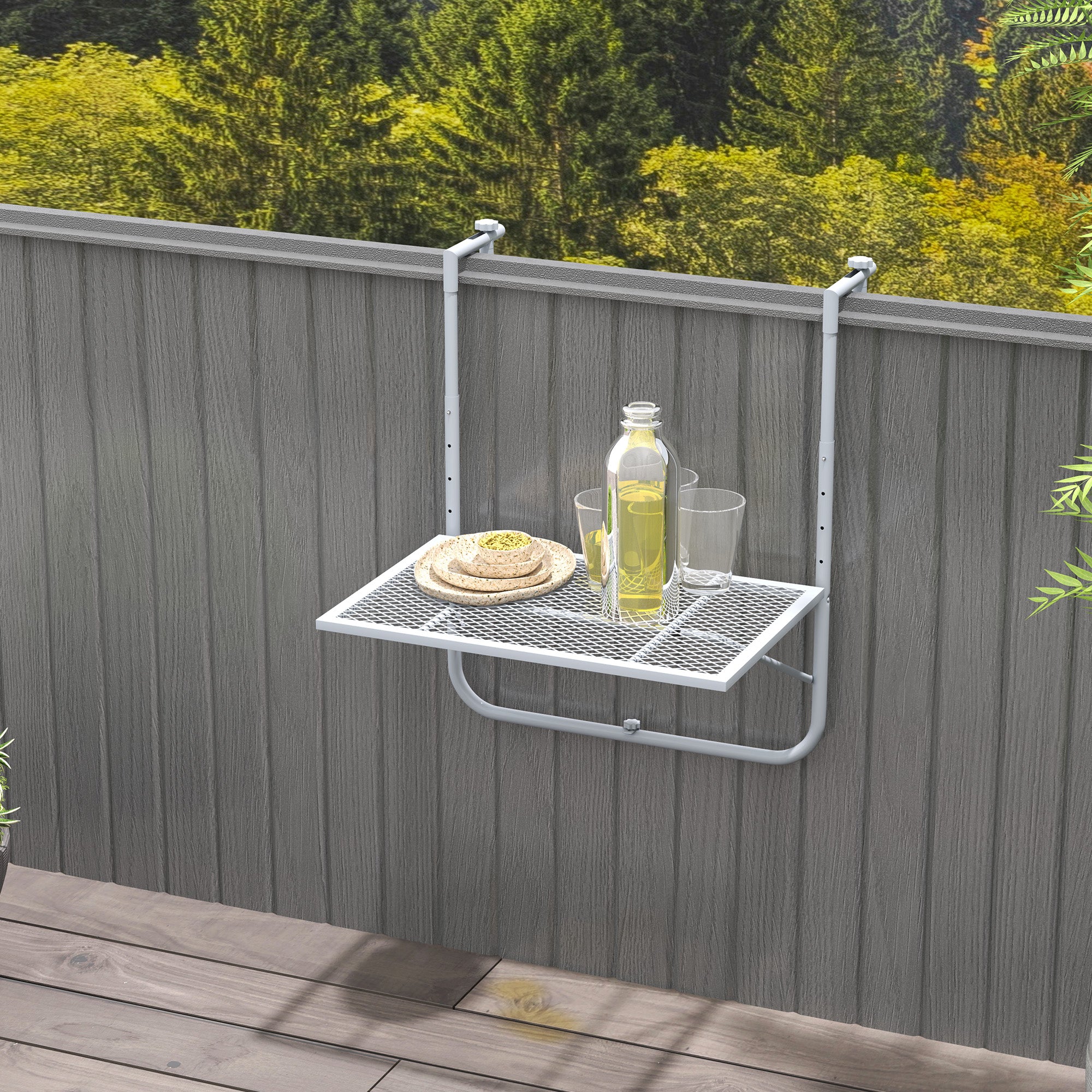 Outsunny Balcony Hanging Table, Metal Wall Mount Desk, Adjustable Folding Balcony Deck Table for Patio and Garden, Grey - North Peak Garden Furniture