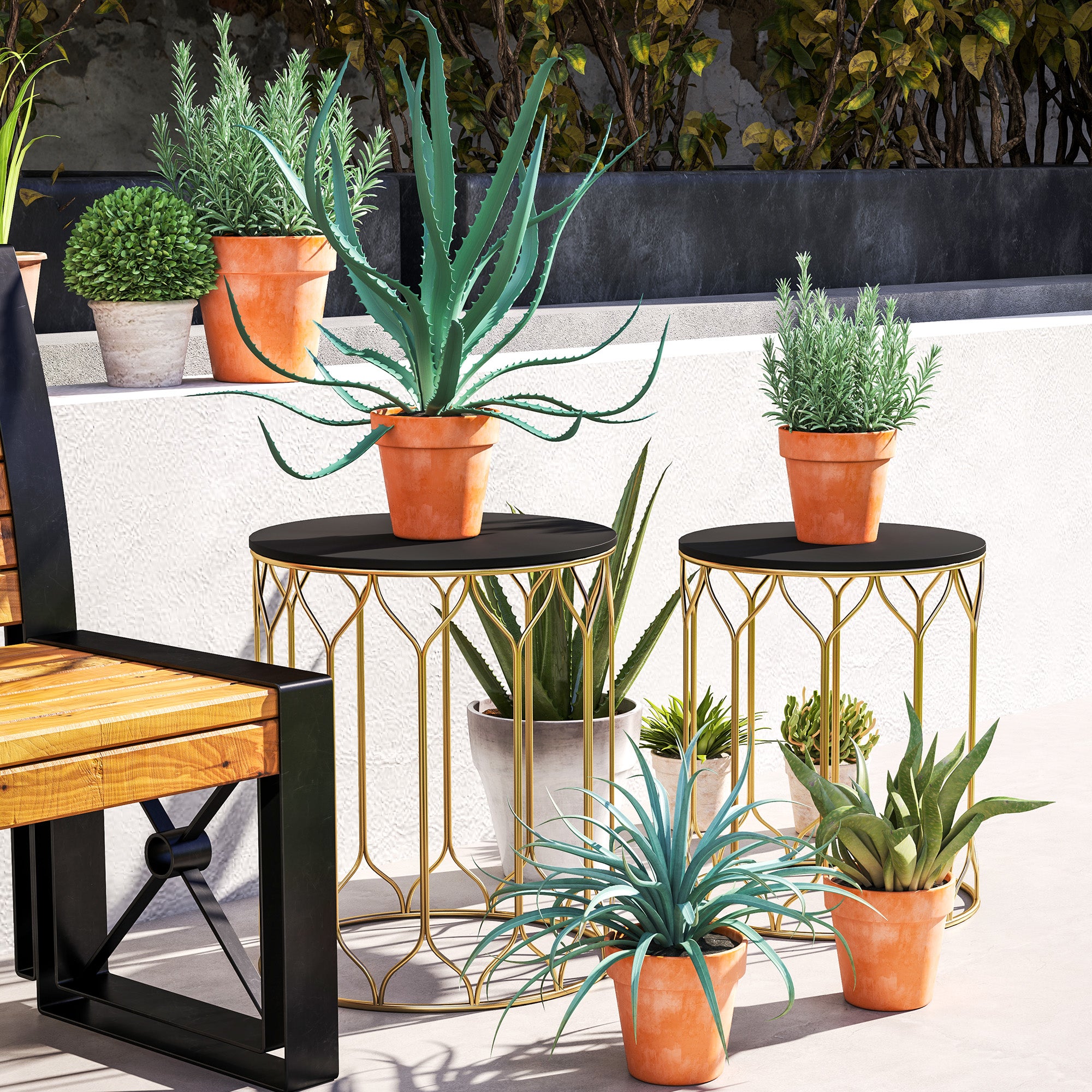 Outsunny Garden Side Table Set of 2, Nesting Tables with Ceramic Tile Top, Indoor Outdoor Small Garden Tables, Multifunctional End Tables with Metal Frame for Patio, Balcony, Porch, Black - North Peak Garden Furniture