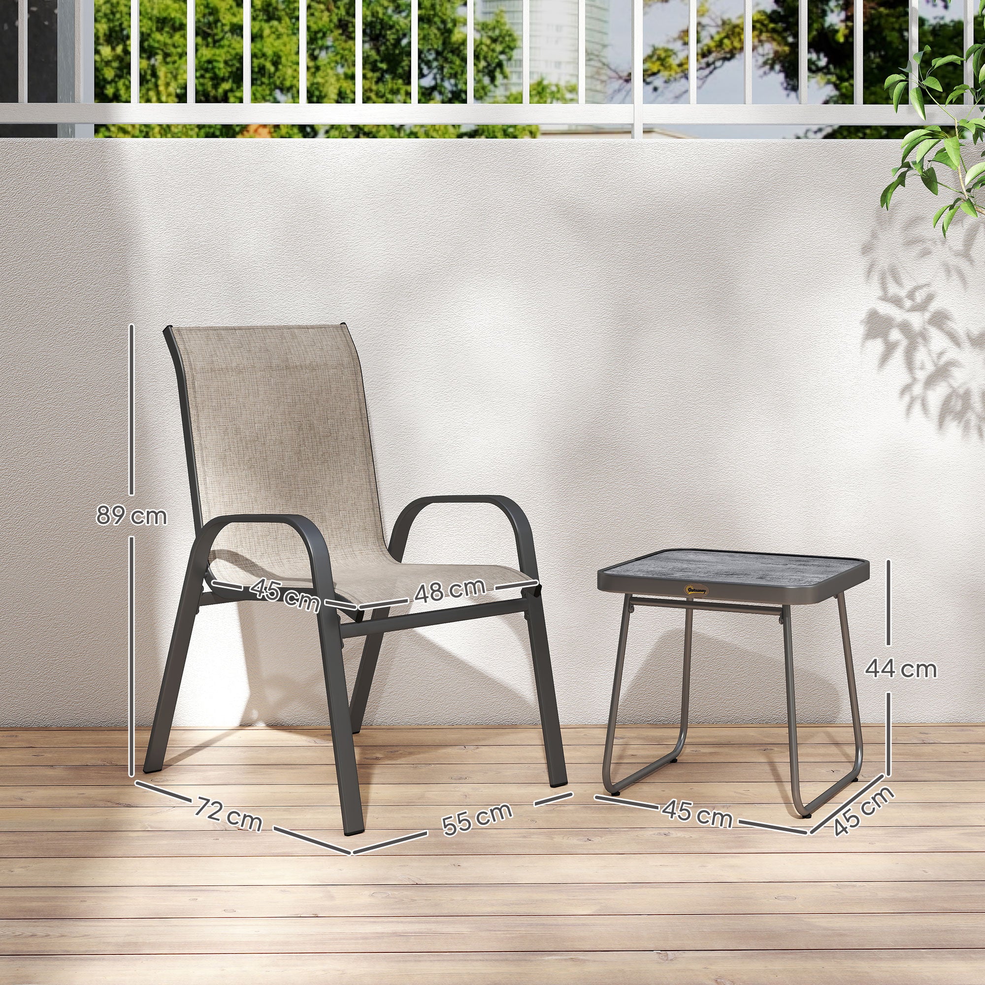 Outsunny 3 Pieces Outdoor Bistro Set, Patio Stackable Armchairs with Breathable Mesh Fabric and SPC Board Coffee Table, Brown - North Peak Garden Furniture