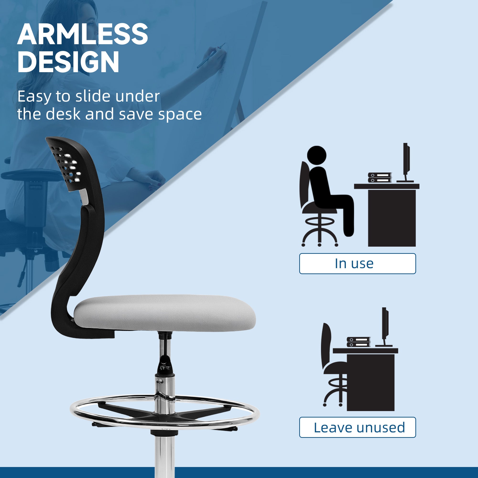 Vinsetto 68-88cm Draughtsman Office Chair, with Wheels - Light Grey - North Peak Garden Furniture