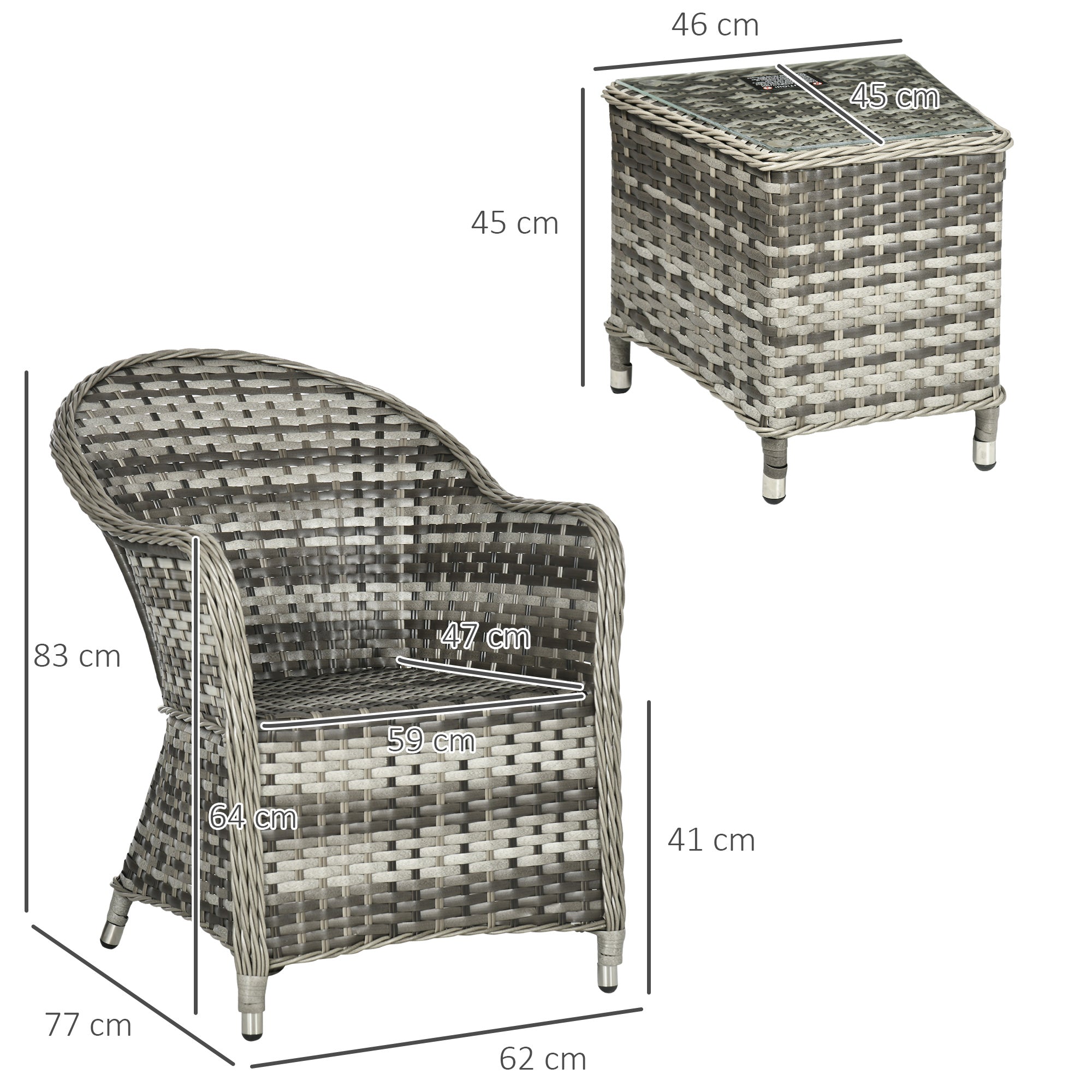 Outsunny 3 Pieces Rattan Bistro Set, Wicker Garden Furniture Set, Glass Top Coffee Table and Chairs with Cushions for Outdoor, Patio, Balcony, Grey - North Peak Garden Furniture