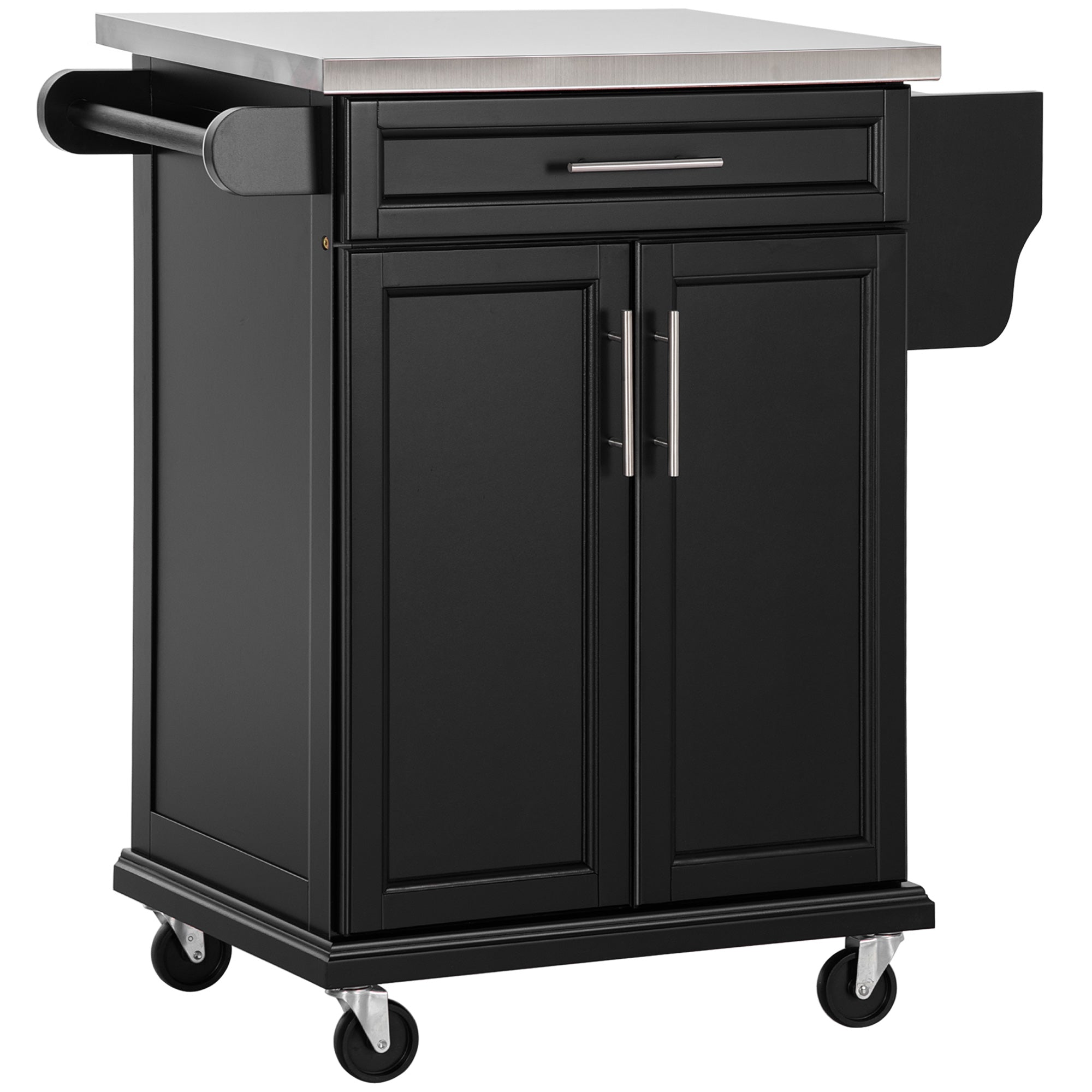 HOMCOM Wooden Kitchen Island on Wheels, Serving Cart Storage Trolley with Stainless Steel Top, Drawer, Side Handle and Rack, Black - North Peak Garden Furniture