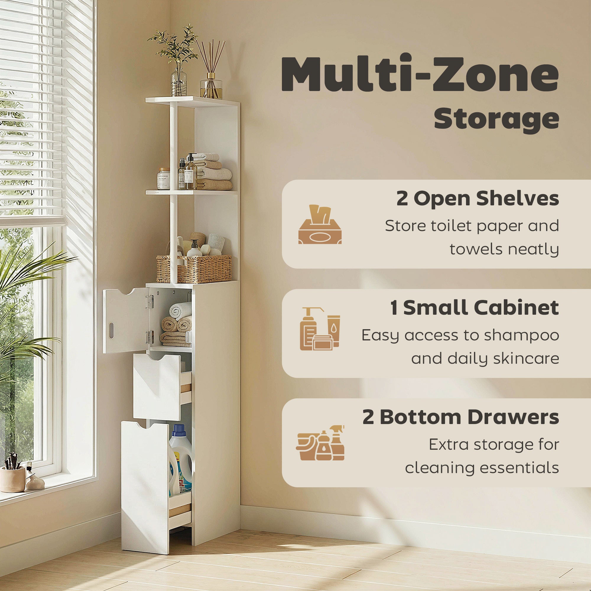 kleankin Slim Bathroom Storage Cabinet with Drawers, Tall Bathroom Cupboard with 2-Tier Shelf, White