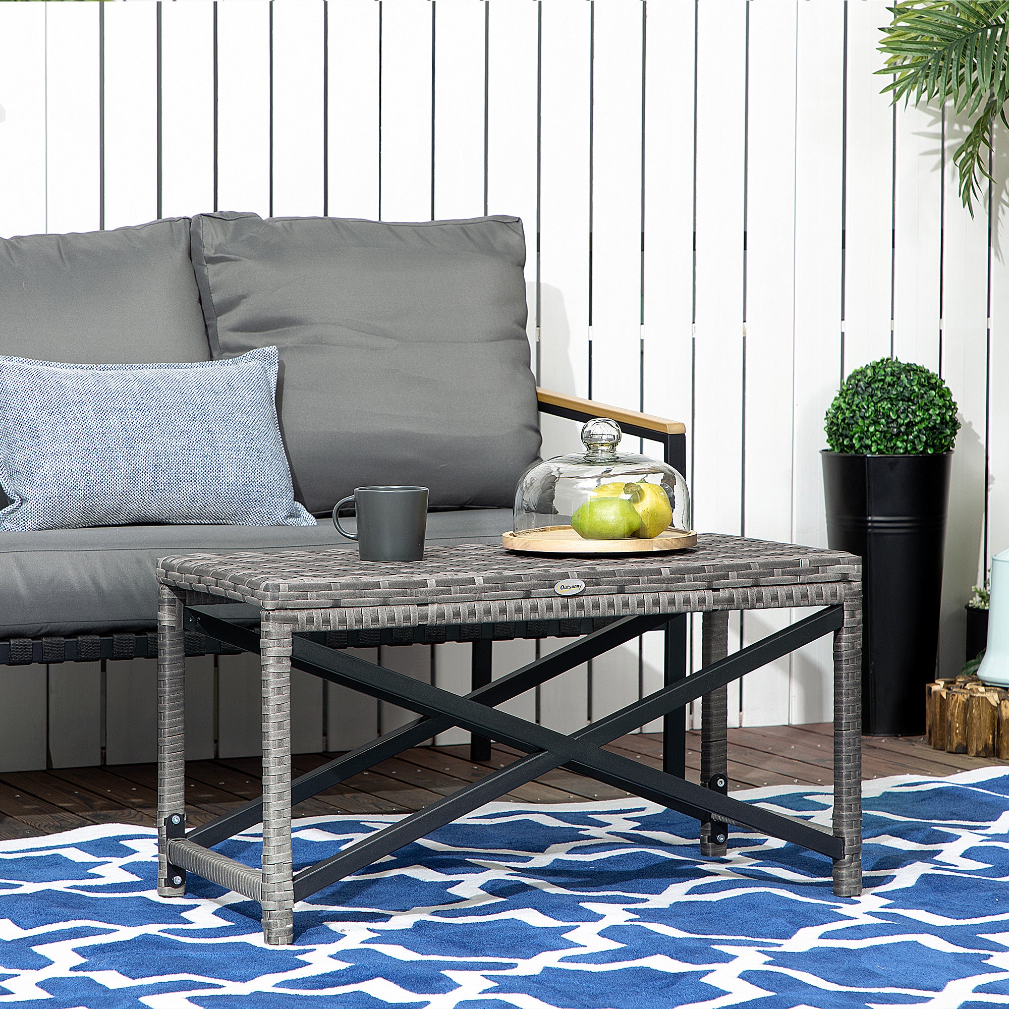 Outsunny Outdoor Coffee Table, Garden PE Rattan Side Table with Plastic Board Under the Full Woven Table Top and X-Shape Frame for Patio, Balcony, Mixed Grey - North Peak Garden Furniture