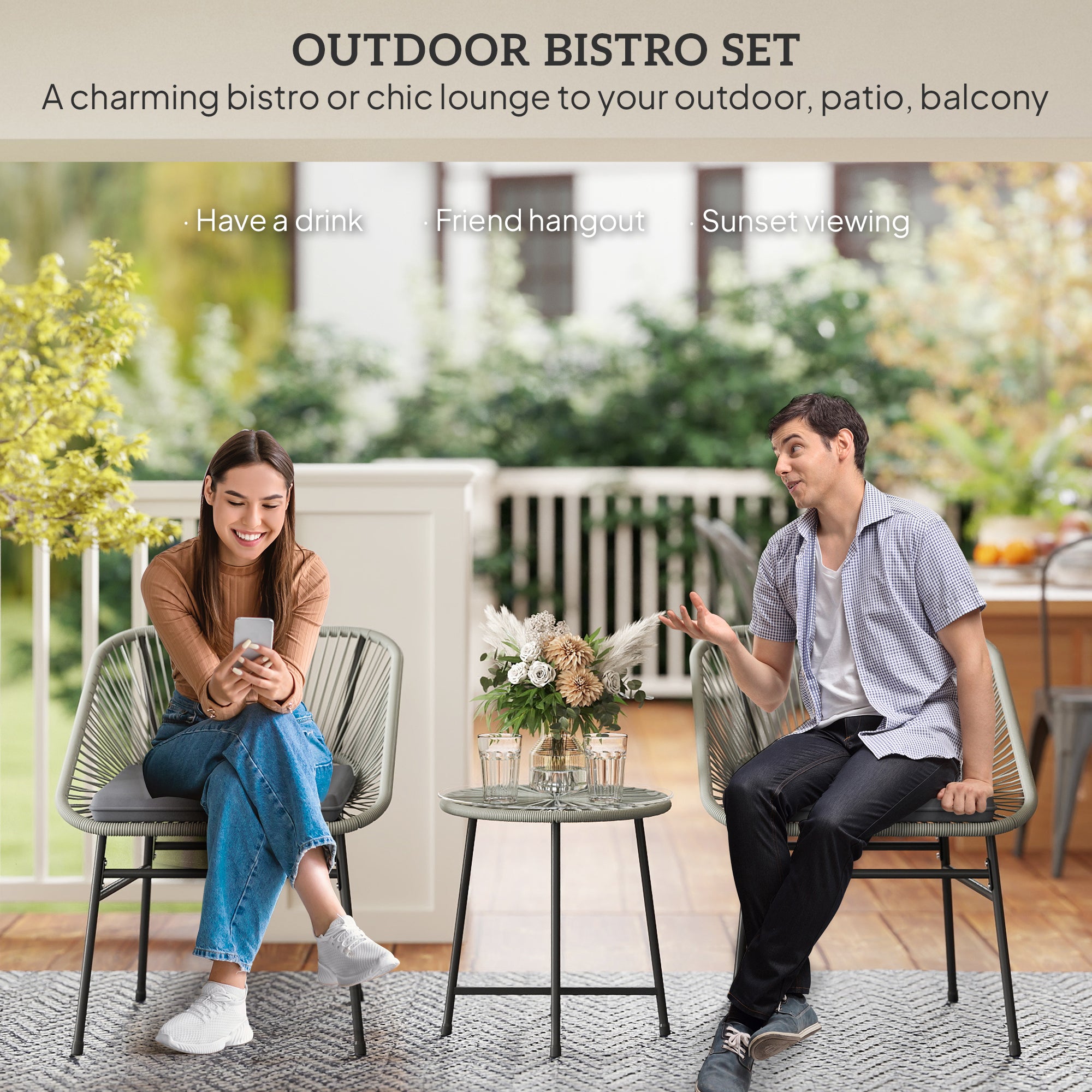 Outsunny 3 Pieces Rattan Bistro Set, Wicker Small Garden Table and Chairs Set with Cushions and Glass Top Coffee Table, Bistro Garden Furniture Set for Outdoor, Patio, Balcony, Light Grey - North Peak Garden Furniture