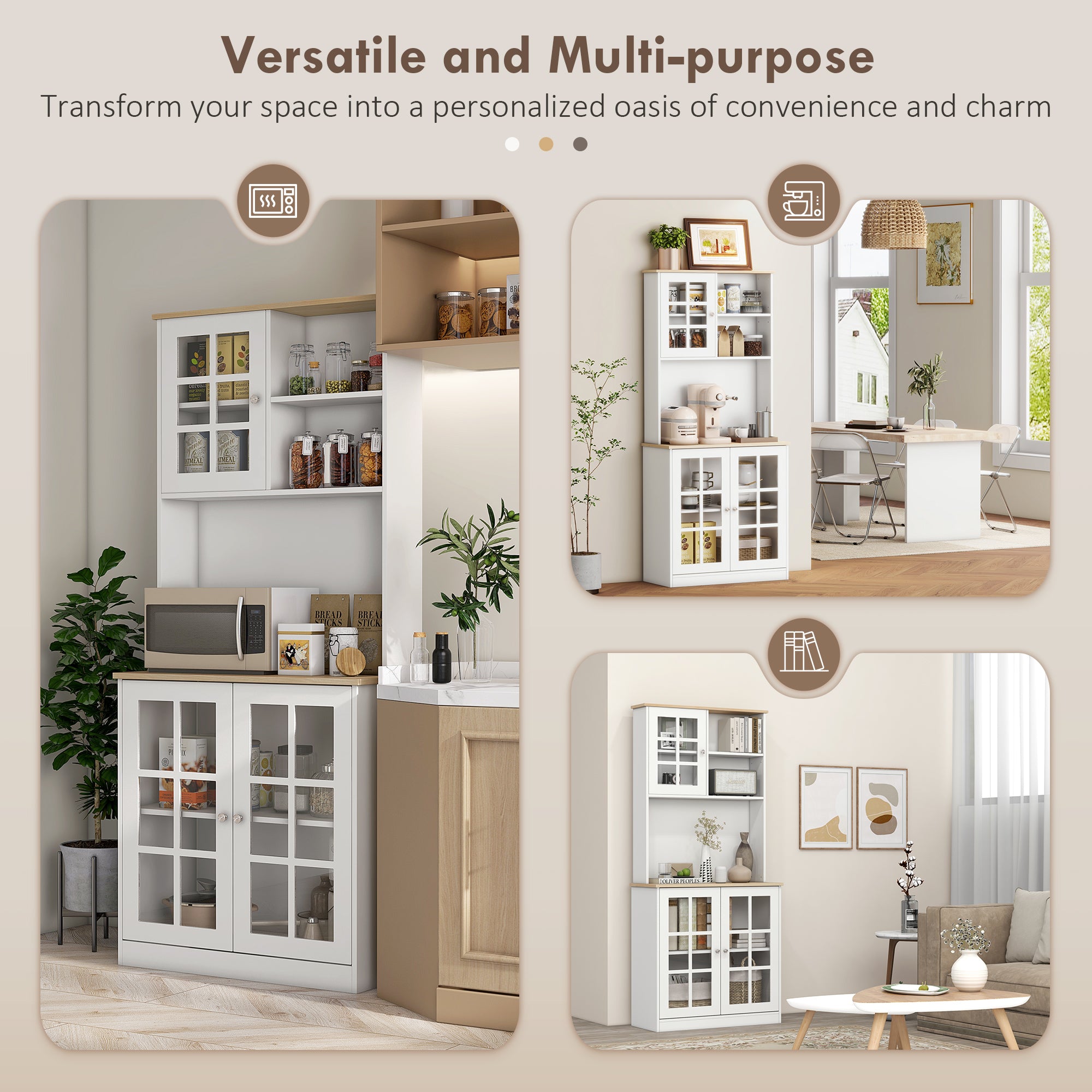 HOMCOM Freestanding Kitchen Cupboard, Storage Cabinet with Doors and Adjustable Shelves, Counter Top, Grid Glass Doors, 80L x 37W x 183H cm - White - North Peak Garden Furniture