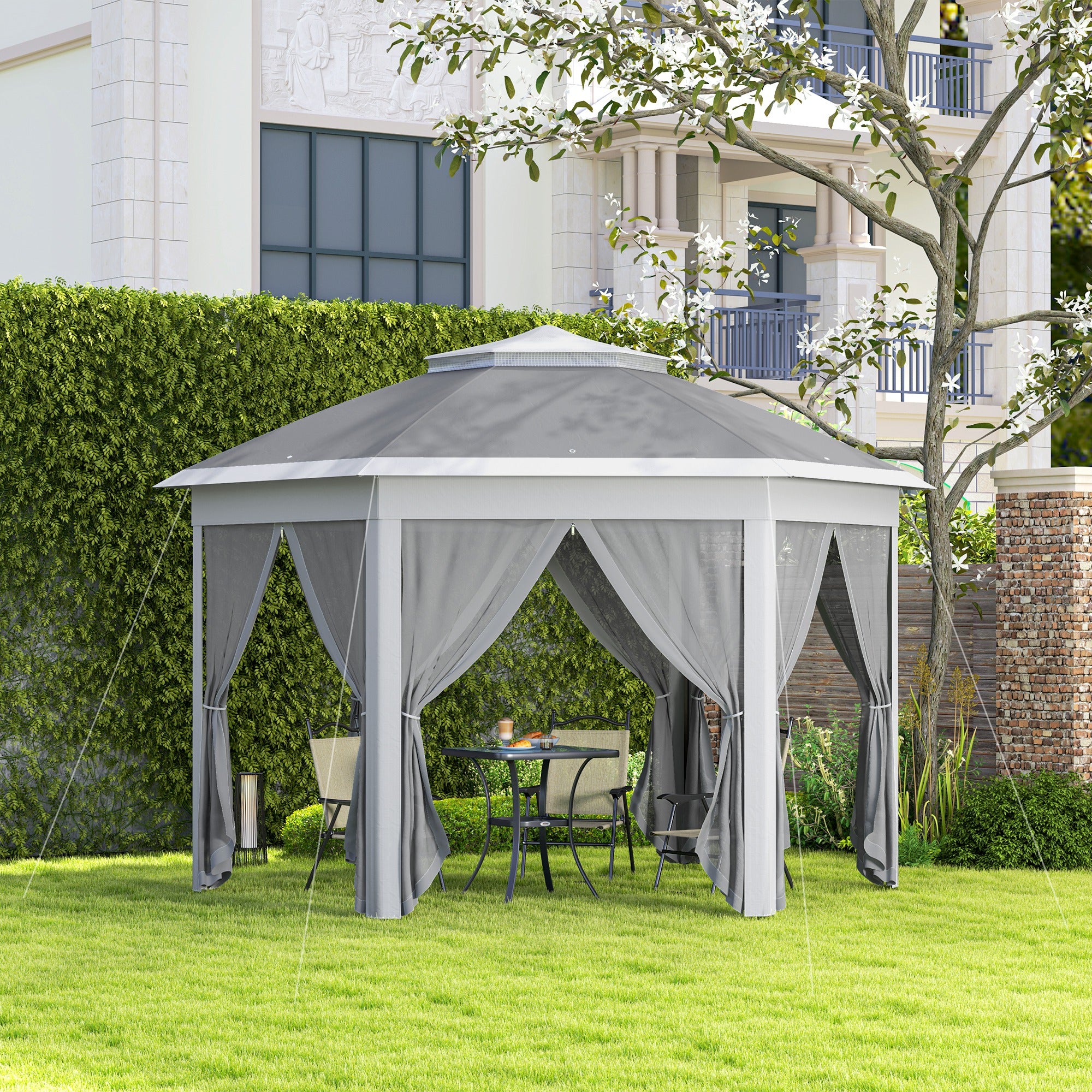 Outsunny 3 x 4m Garden Gazebo Hexagon Pop Up Party Tent Canopy Double Roof Instant Shelter with Netting and Carry Bag for Outdoor Patio, Dark Grey - North Peak Garden Furniture