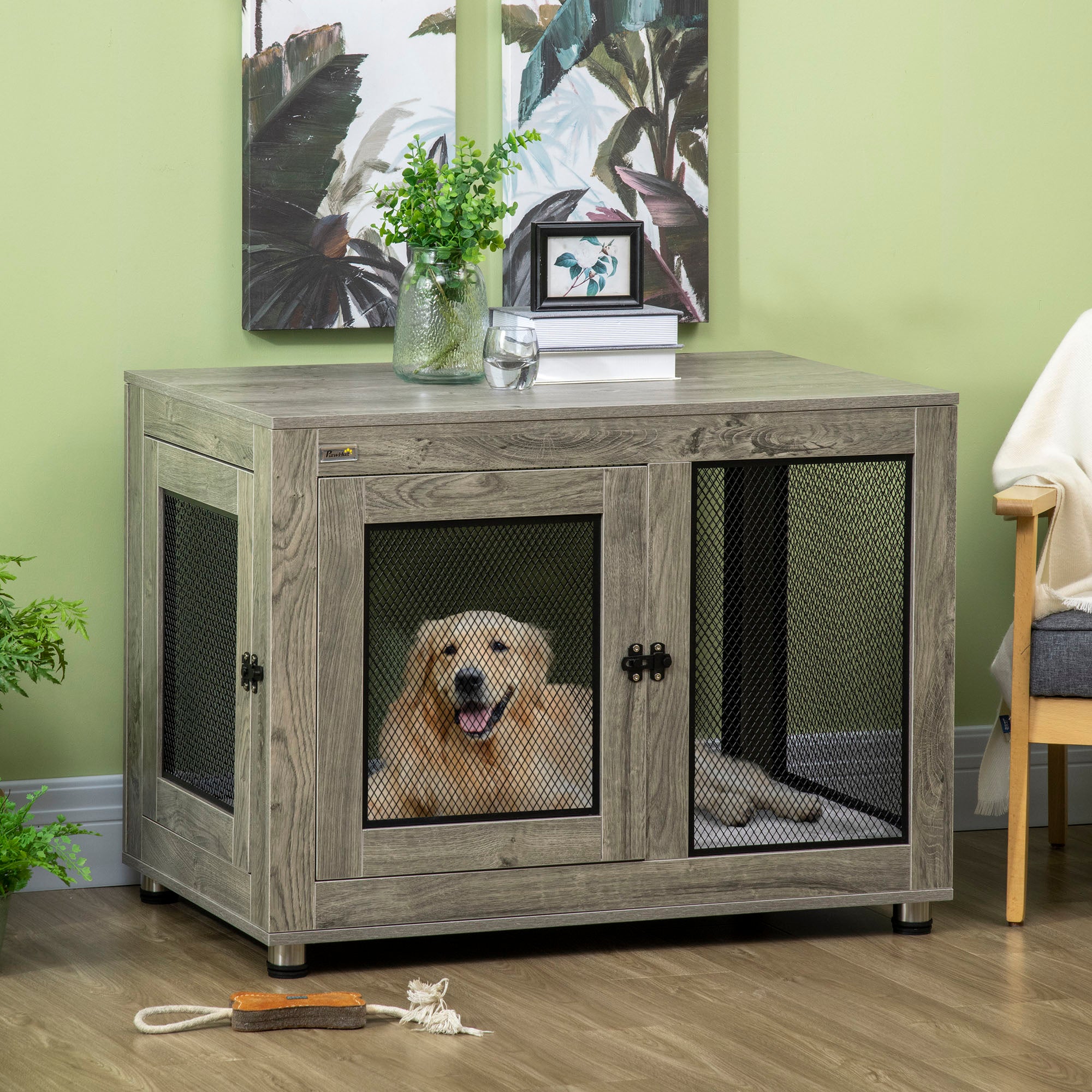 PawHut Two-In-One Dog Cage & Side Table, with Two Doors, Cushion, for Large Dogs | Aosom UK