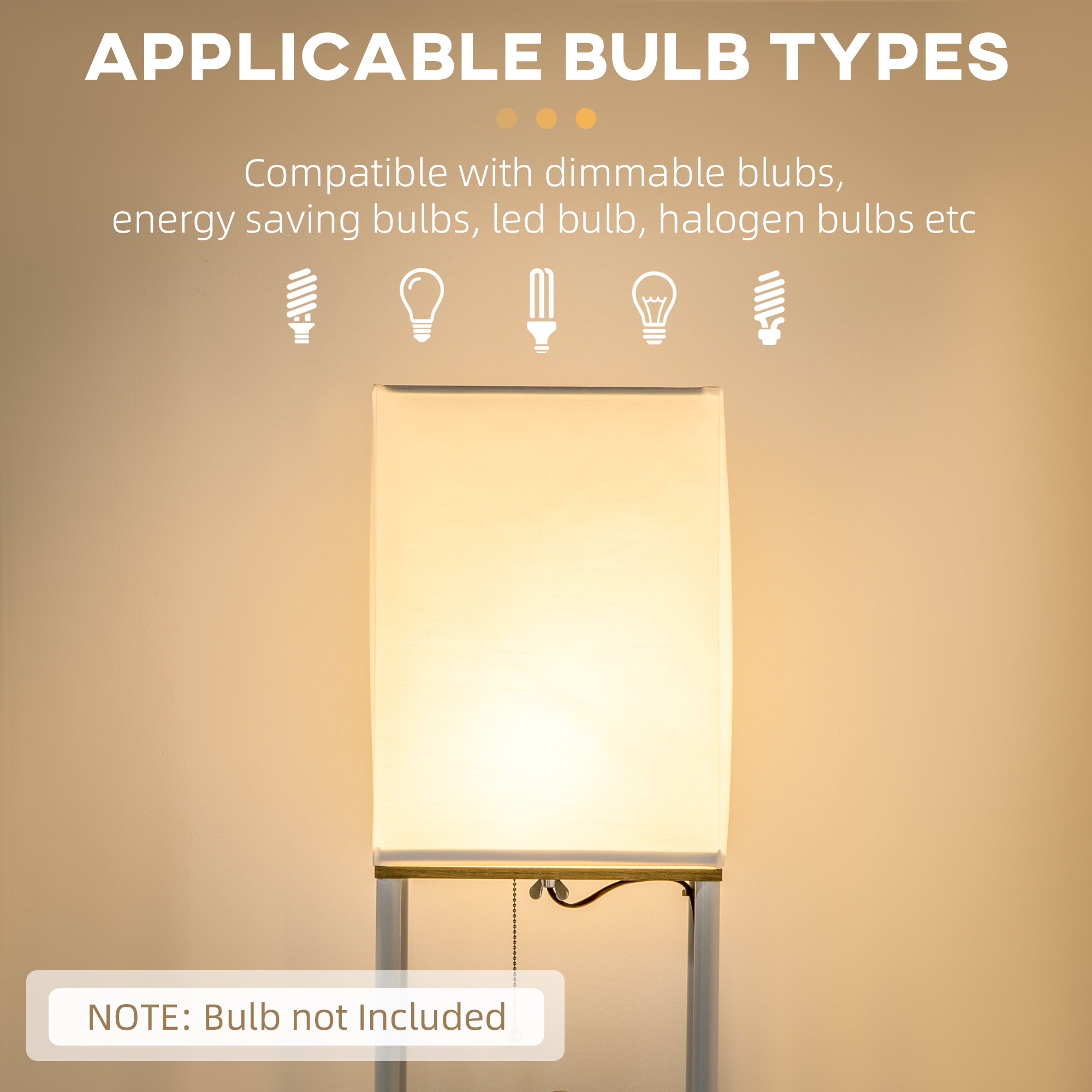 HOMCOM Modern Floor Lamp with Shelves, 3 Layer Shelf Tall Standing Lamp with Fabric Lampshade, Pull Chain Switch for Living Room, Bedroom, Bulb not Included, White - North Peak Garden Furniture