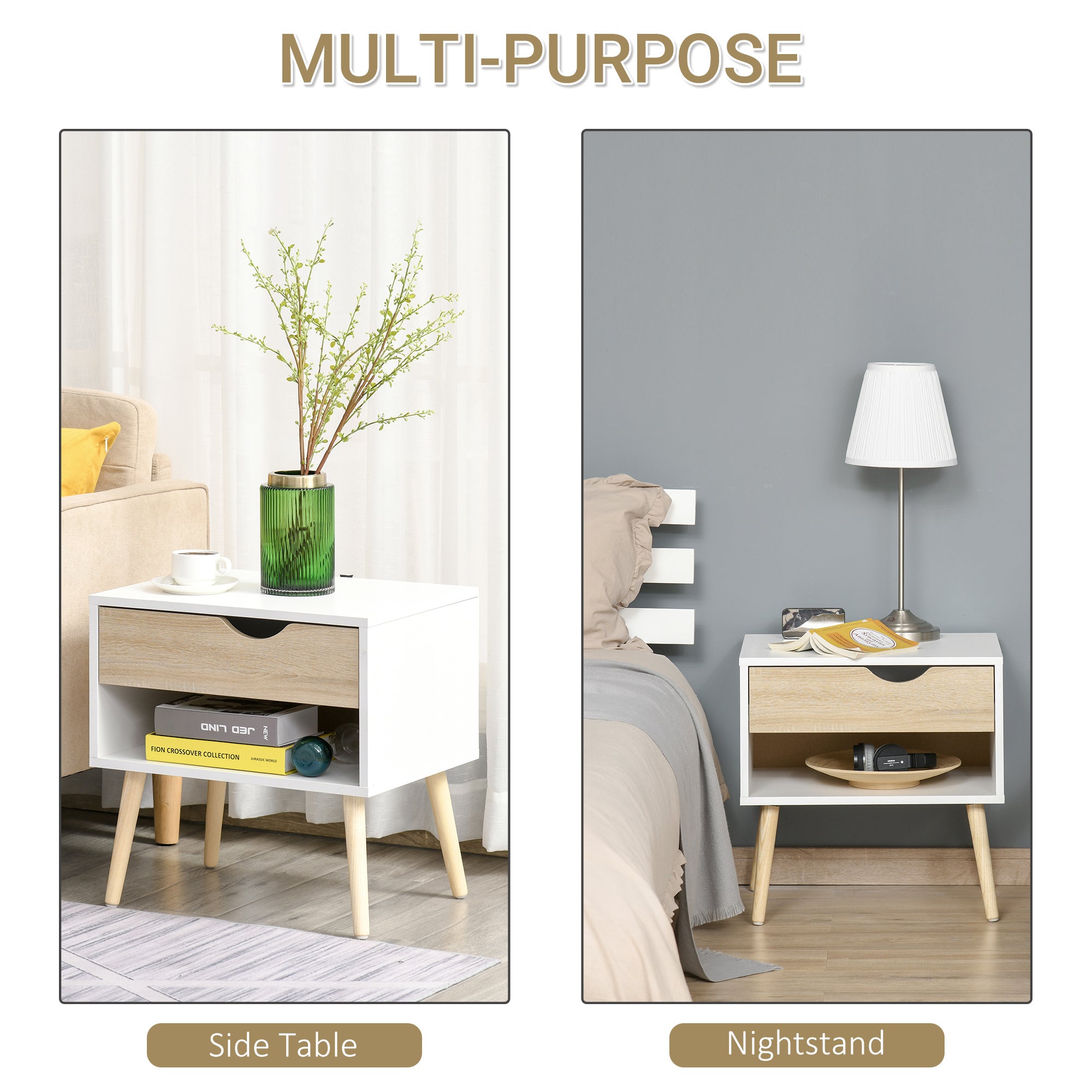 HOMCOM Bedside Table with Drawer and Shelf, Modern Nightstand, End Table for Bedroom, Living Room, White - North Peak Garden Furniture