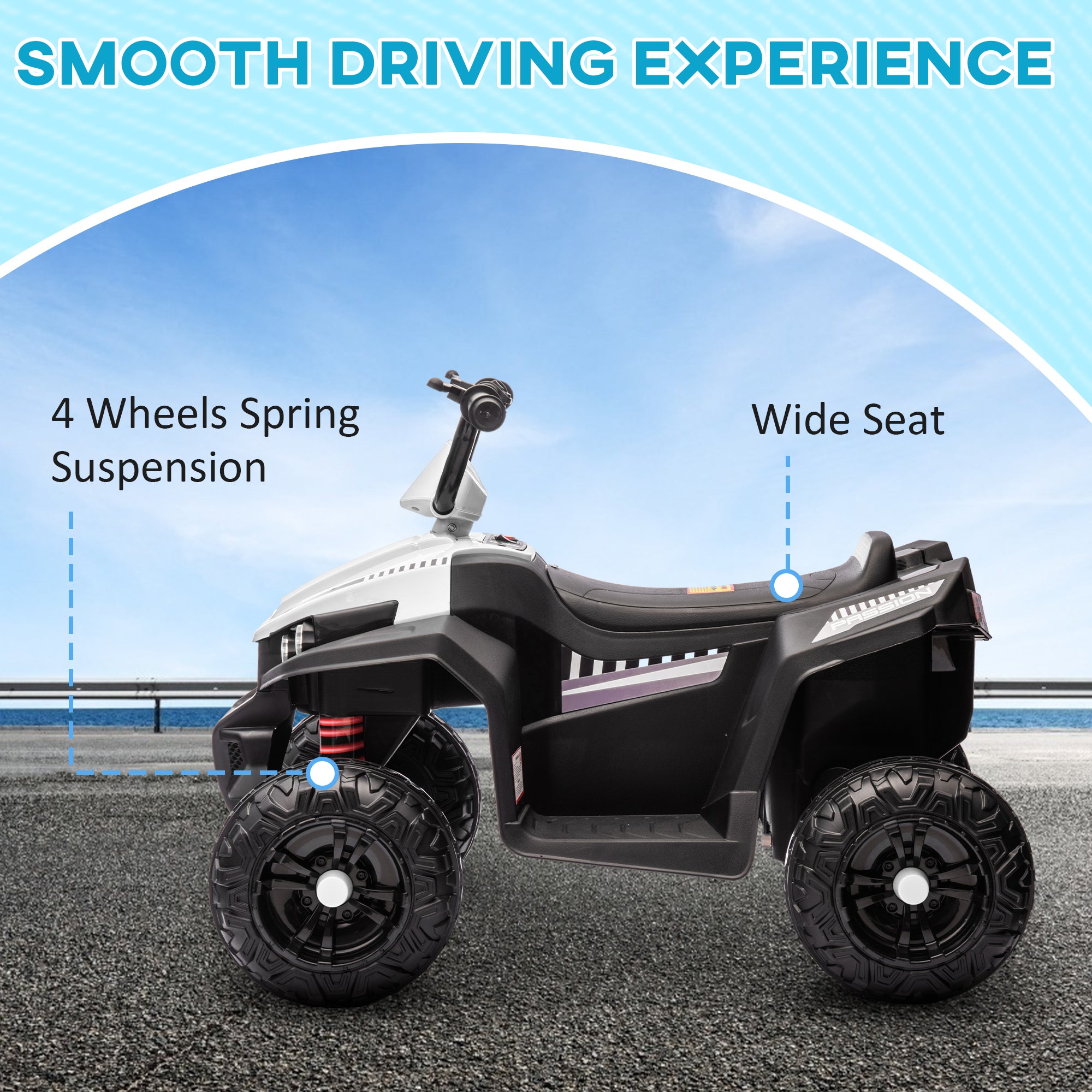 AIYAPLAY 12V Kids Electric Quad Bike w/ Spring Suspension System, Forward & Backward, LED Light, Music, MP3, White - North Peak Garden Furniture