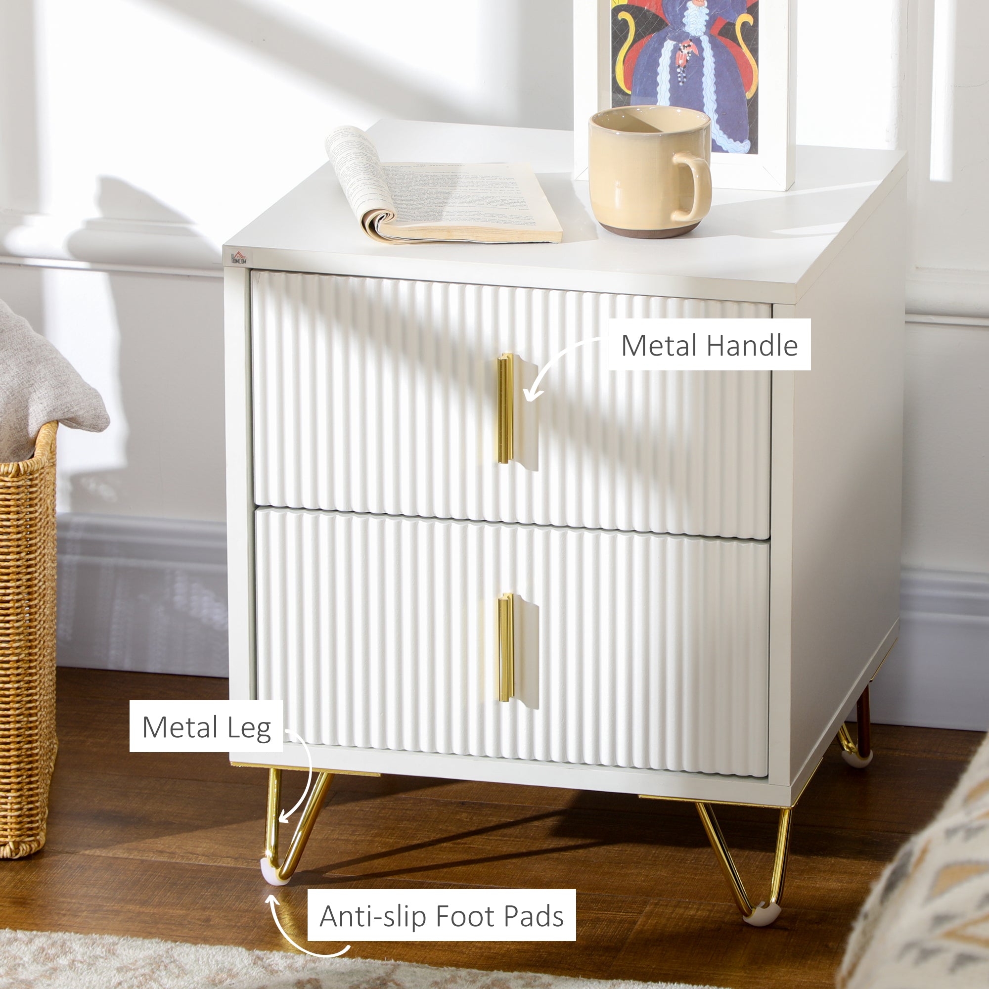 Set of 2 Elegant Chest of Two Drawers - White/Gold-Tone