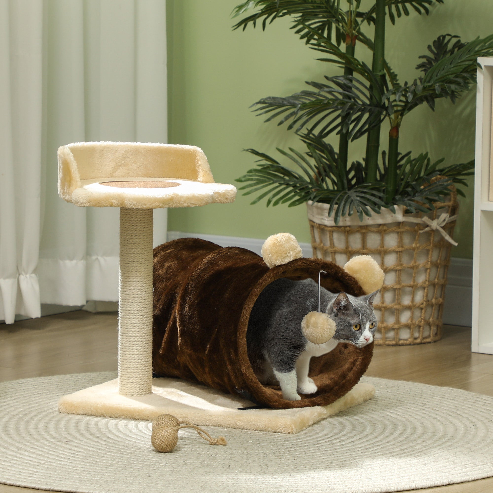 PawHut 47cm Small Cat Tree w/ Scratching Post, Bed, Cat Tunnel, Toy Ball, Dark Brown - North Peak Garden Furniture