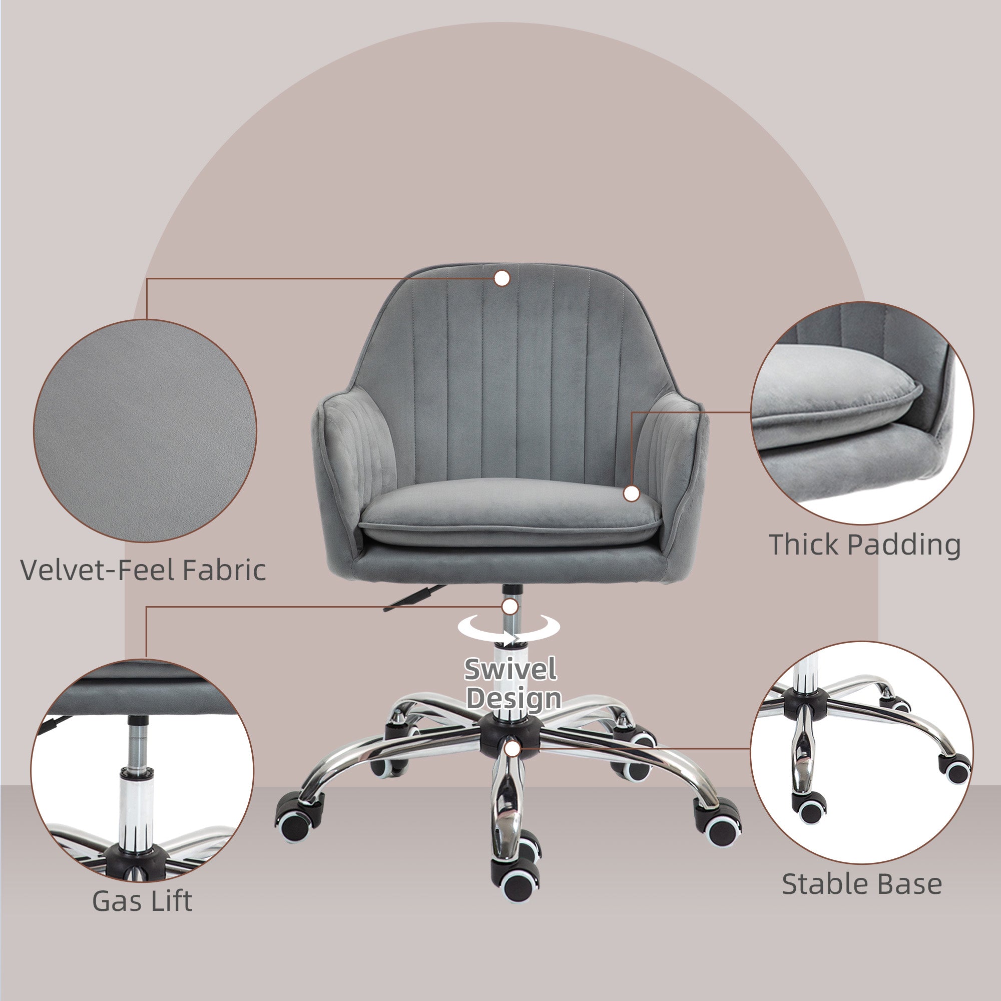 HOMCOM Office Chair, Swivel Desk Chair, Velvet-Feel Fabric Vanity Chair with Adjustable Height and Rolling Wheels for Home Work Study, Grey - North Peak Garden Furniture