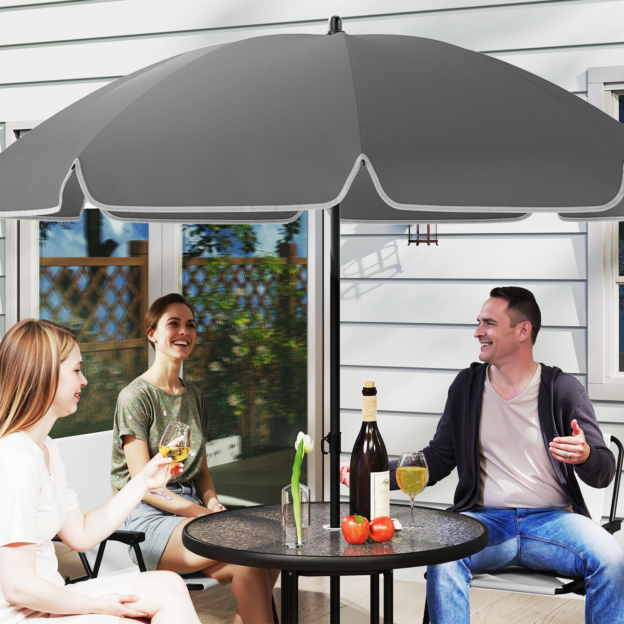 Outsunny 4 Seater Garden Furniture Set, 6 Pieces Garden Table and Chairs with Parasol, Outdoor Garden Dining Set with Folding Chairs and Round Glass Top Table for Patio, Cream White - North Peak Garden Furniture