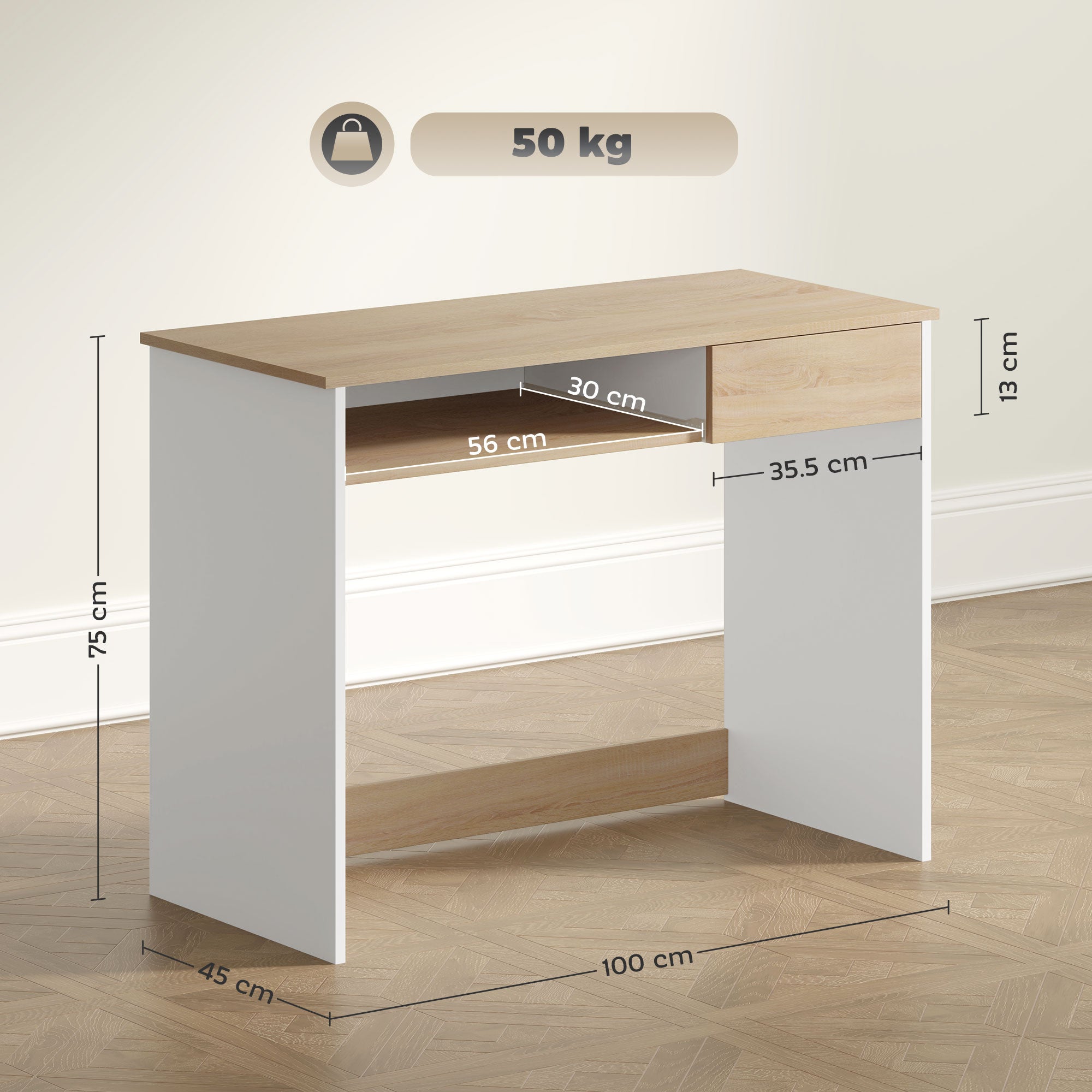 HOMCOM 100cm Compact Computer Desk with Keyboard Tray, Home Office Desk with Drawer for Bedroom Study, Oak - North Peak Garden Furniture