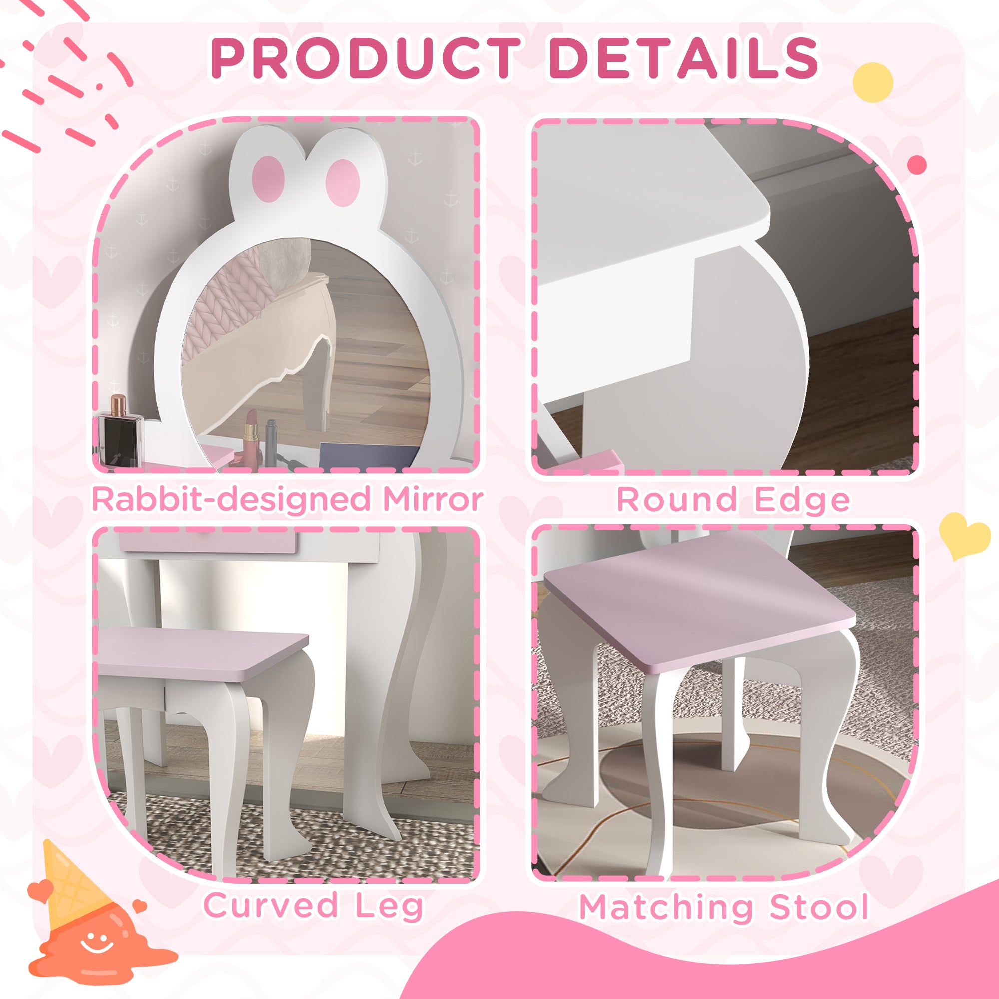ZONEKIZ Wooden Kids Bedroom Furniture Set with Kids Dressing Table, Stool, Bed, for 3-6 Years, Bunny-Design - North Peak Garden Furniture