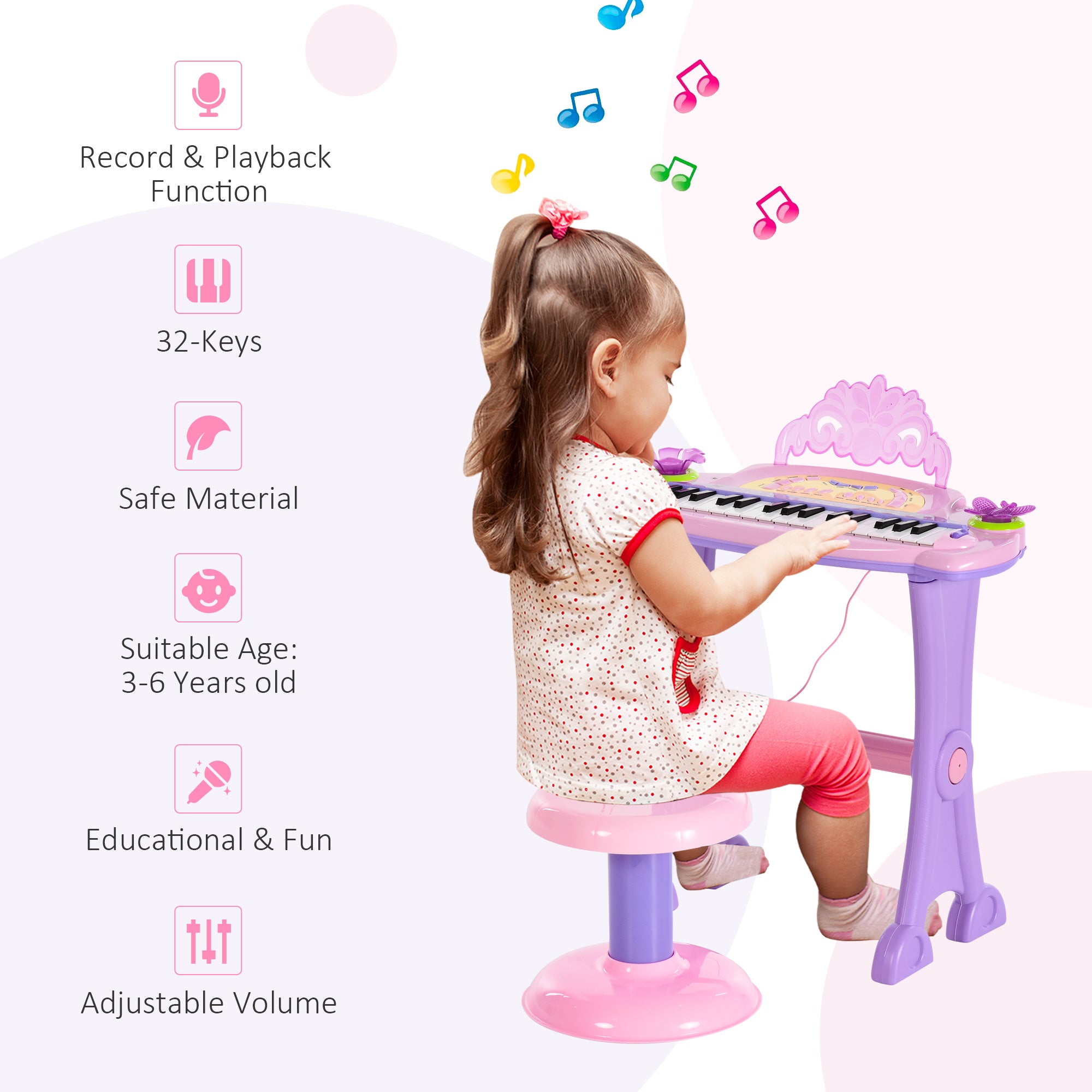 HOMCOM 32 Keys Kids Mini Electronic Keyboard Musical Instrument Educational Game Toy Children Grand Piano Stool Micropho - North Peak Garden Furniture