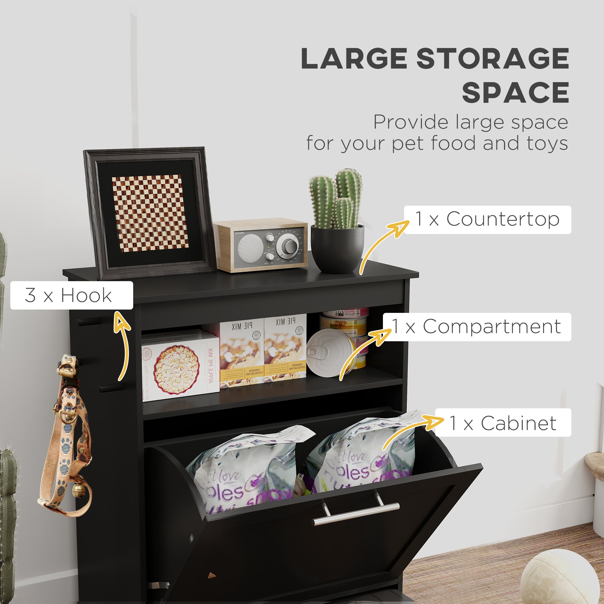 PawHut Pet Feeder Station, Dog, Cat Storage Container, with Raised Bowls, Hanger, Cabinet - Black - North Peak Garden Furniture